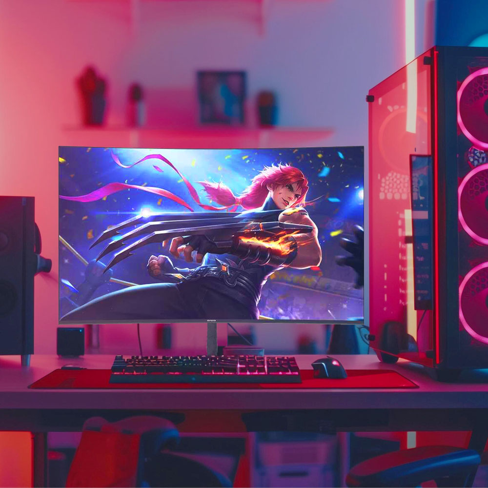 Konfiguracja do gier z zakrzywionym monitorem wyświetlającym postać z gry. Jest klawiatura, mysz i komputer z różowymi światłami.