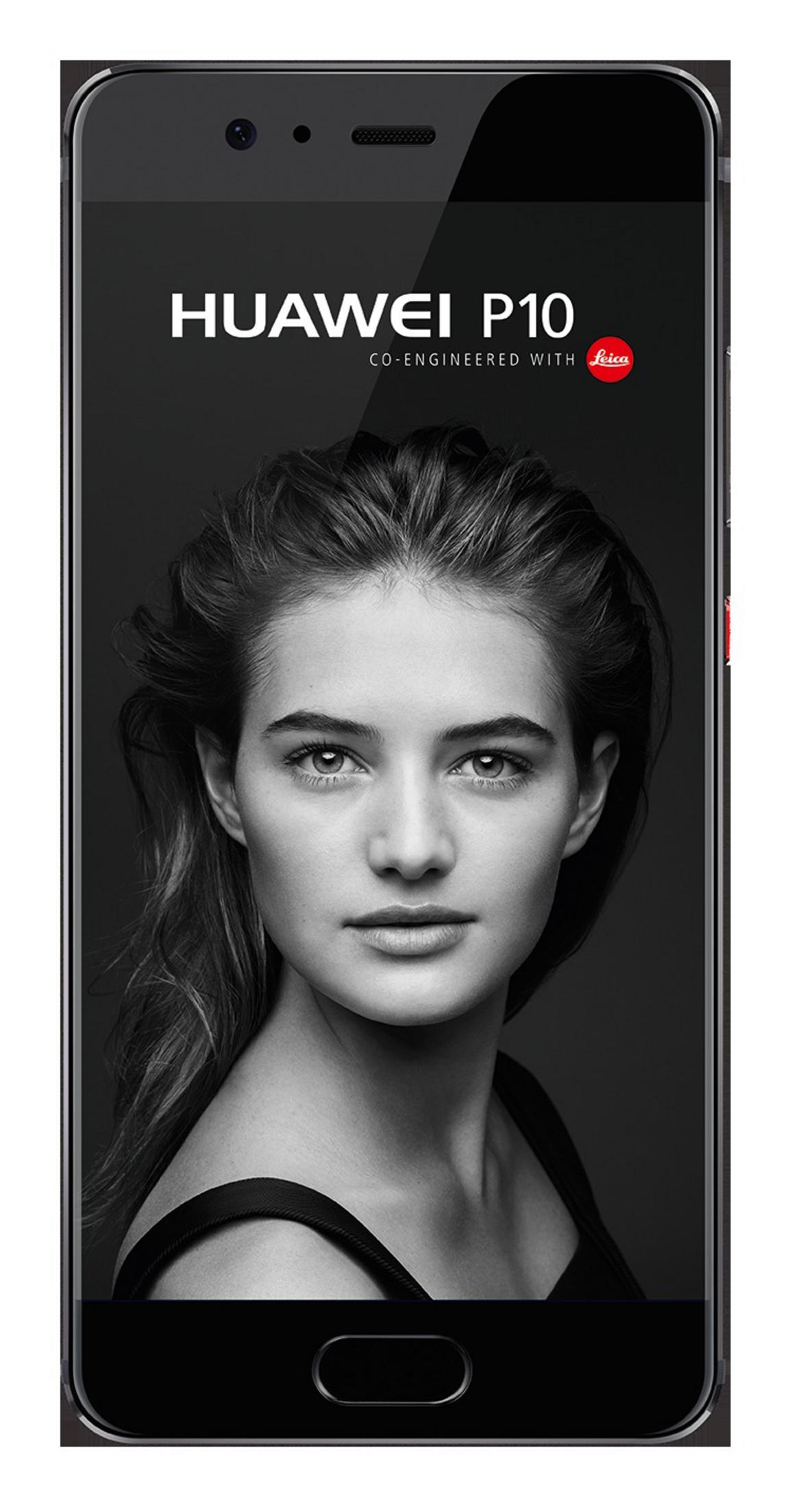 Lo schermo dello smartphone mostra un ritratto in bianco e nero di una donna. Il telefono mostra 'HUAWEI P10' e il logo Leica.