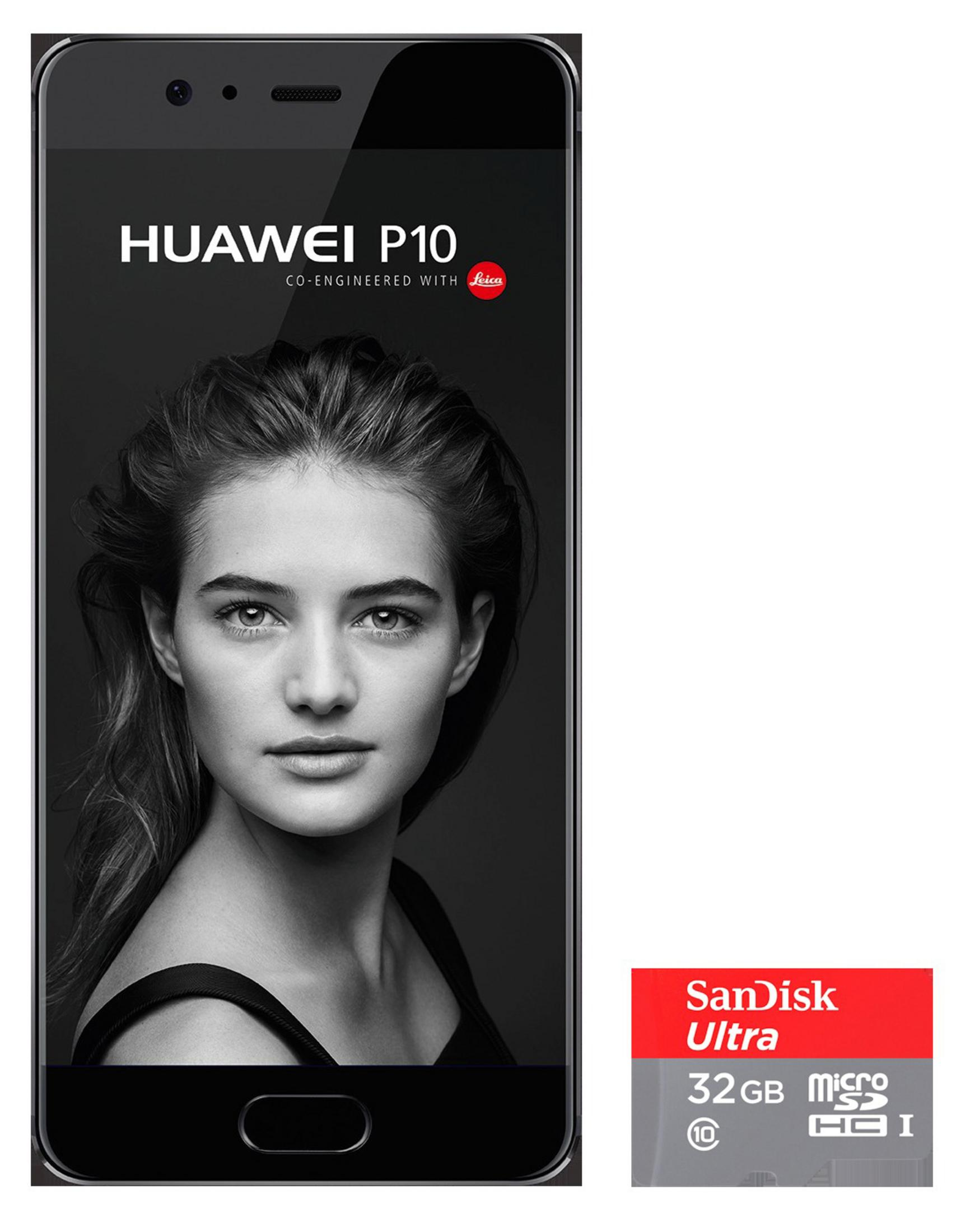 Un telefono Huawei P10 mostra il volto di una donna. Accanto, una scheda MicroSD SanDisk Ultra da 32 GB.
