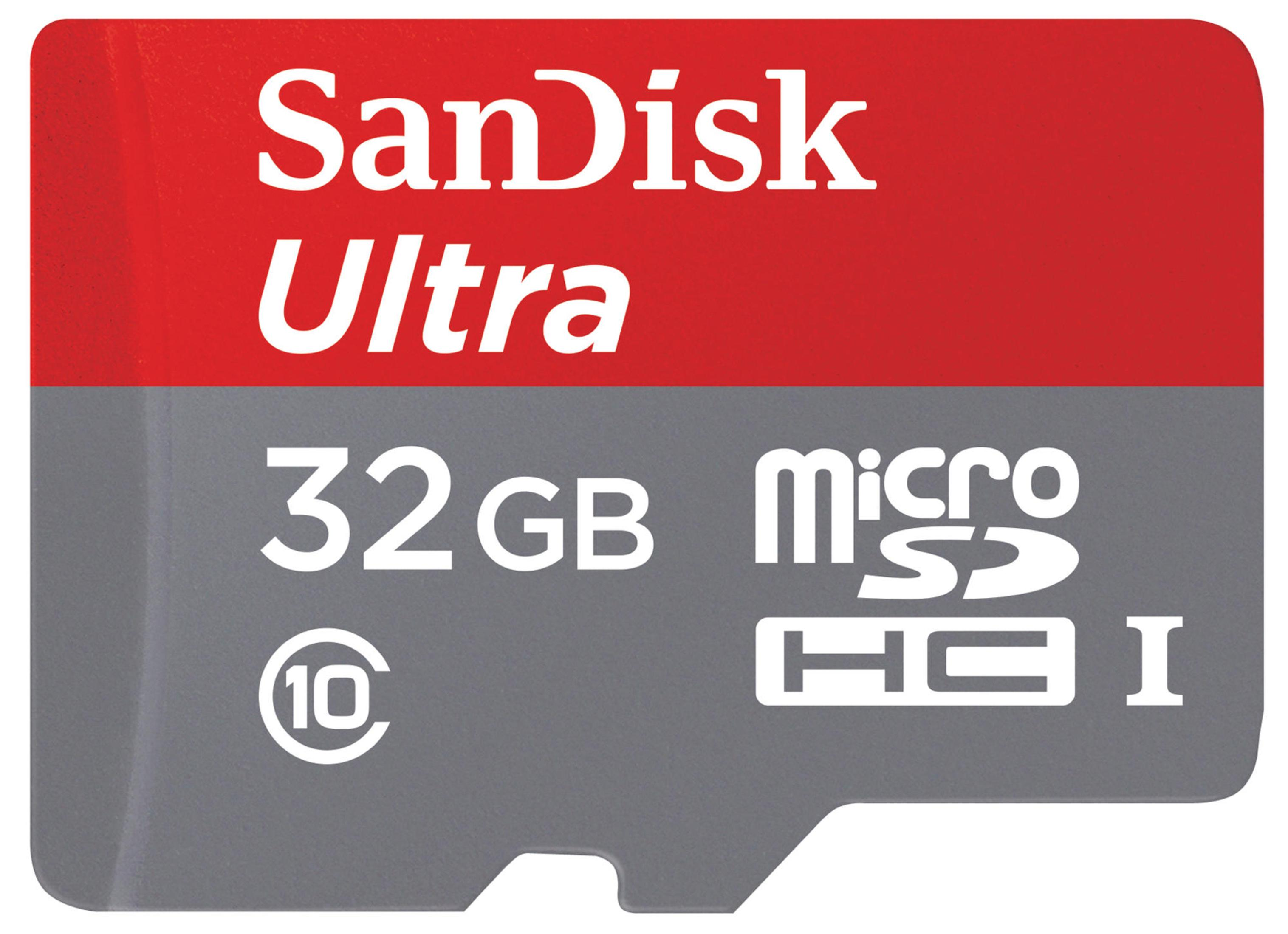 Una scheda MicroSD SanDisk Ultra. Ha un design rosso e grigio con testo bianco.