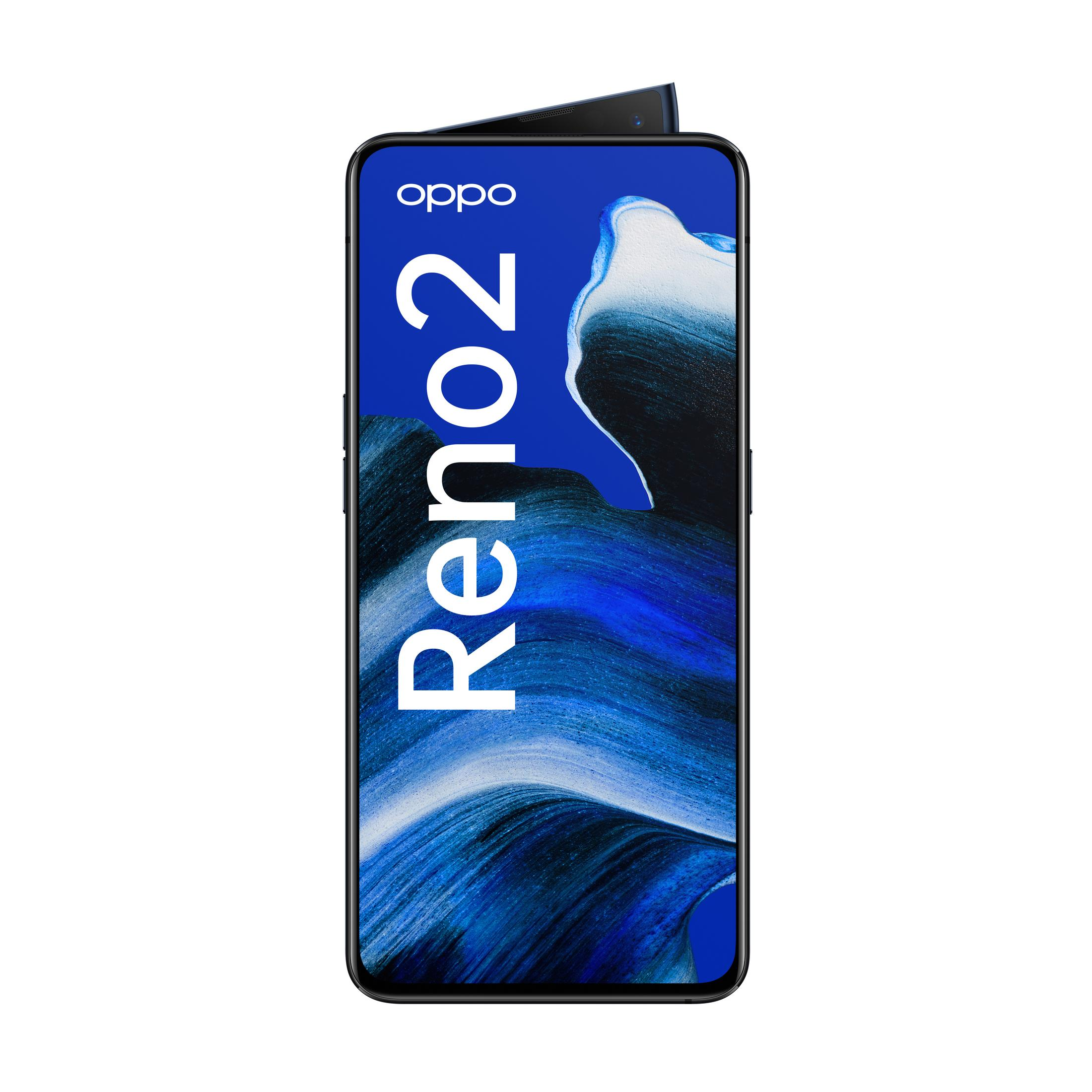 Das OPPO Reno2-Telefon, blaues Display mit weißem Reno2-Text, Kamera oben, weißer Hintergrund.