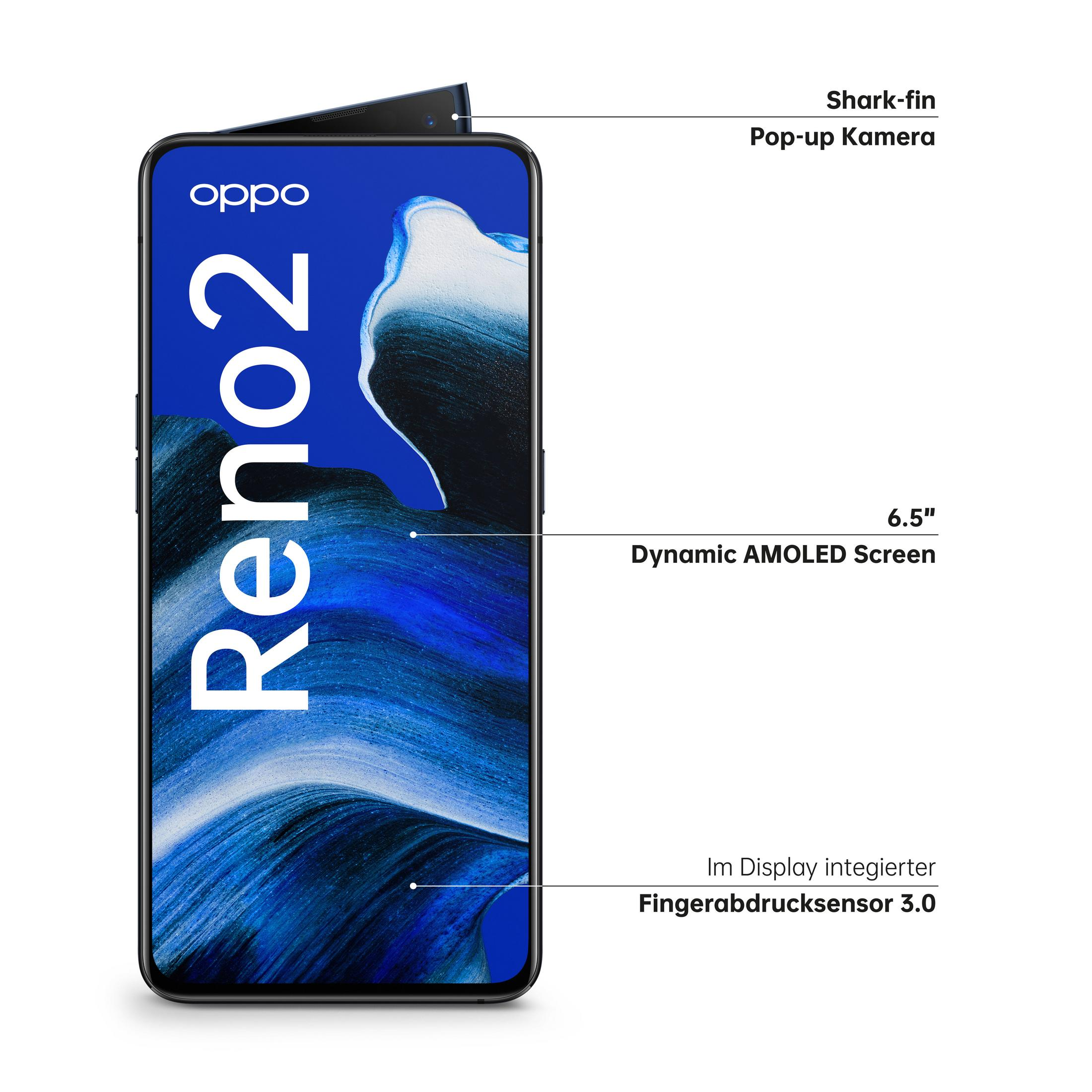 Oppo Reno 2 Telefon. Merkmale sind eine Shark-Fin-Pop-up-Kamera, 6,5" Dynamic AMOLED-Bildschirm und ein Fingerabdrucksensor im Display.