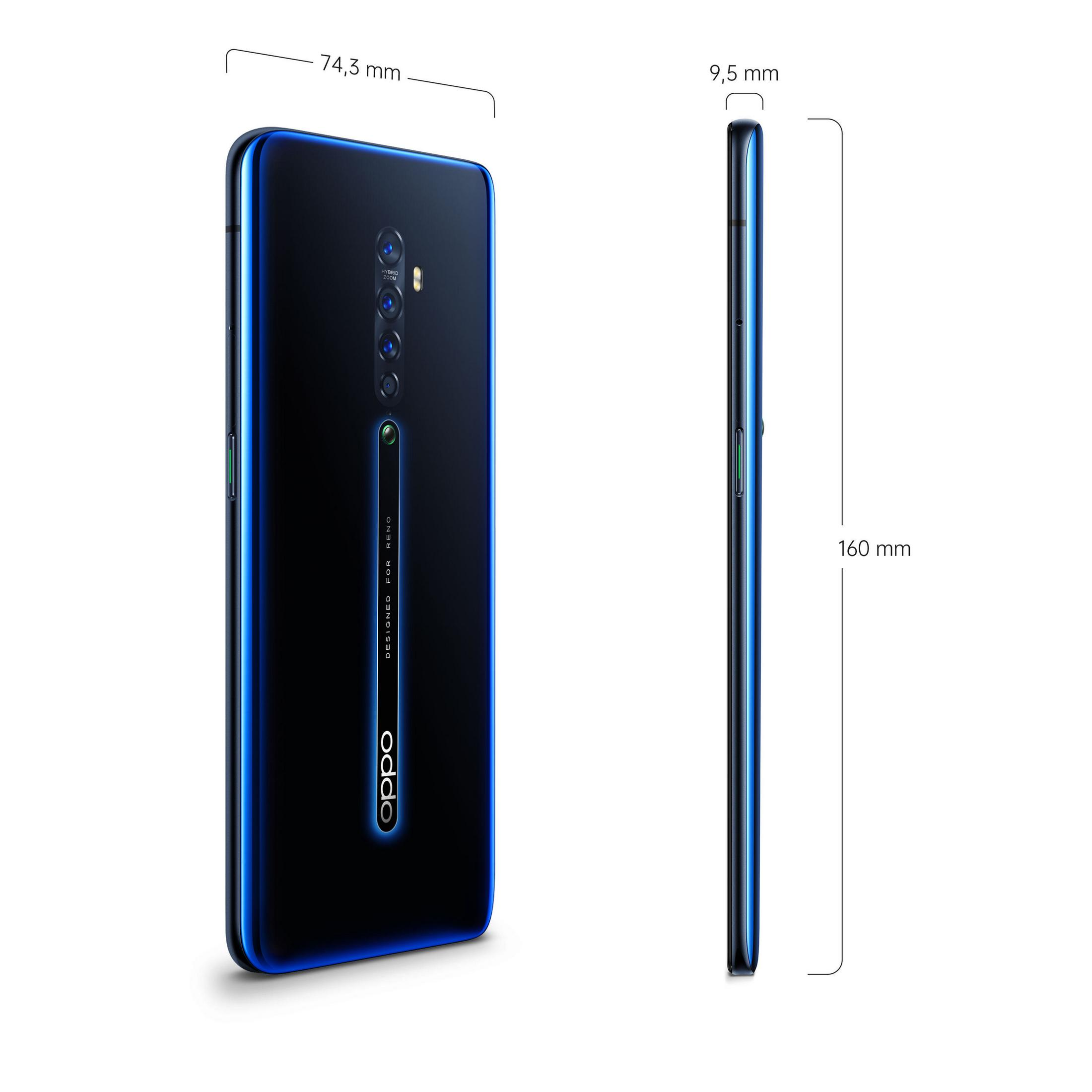 Schwarzes Oppo-Telefon mit blauen Rändern. Abmessungen: 160 mm Höhe, 74,3 mm Breite und 9,5 mm Dicke.