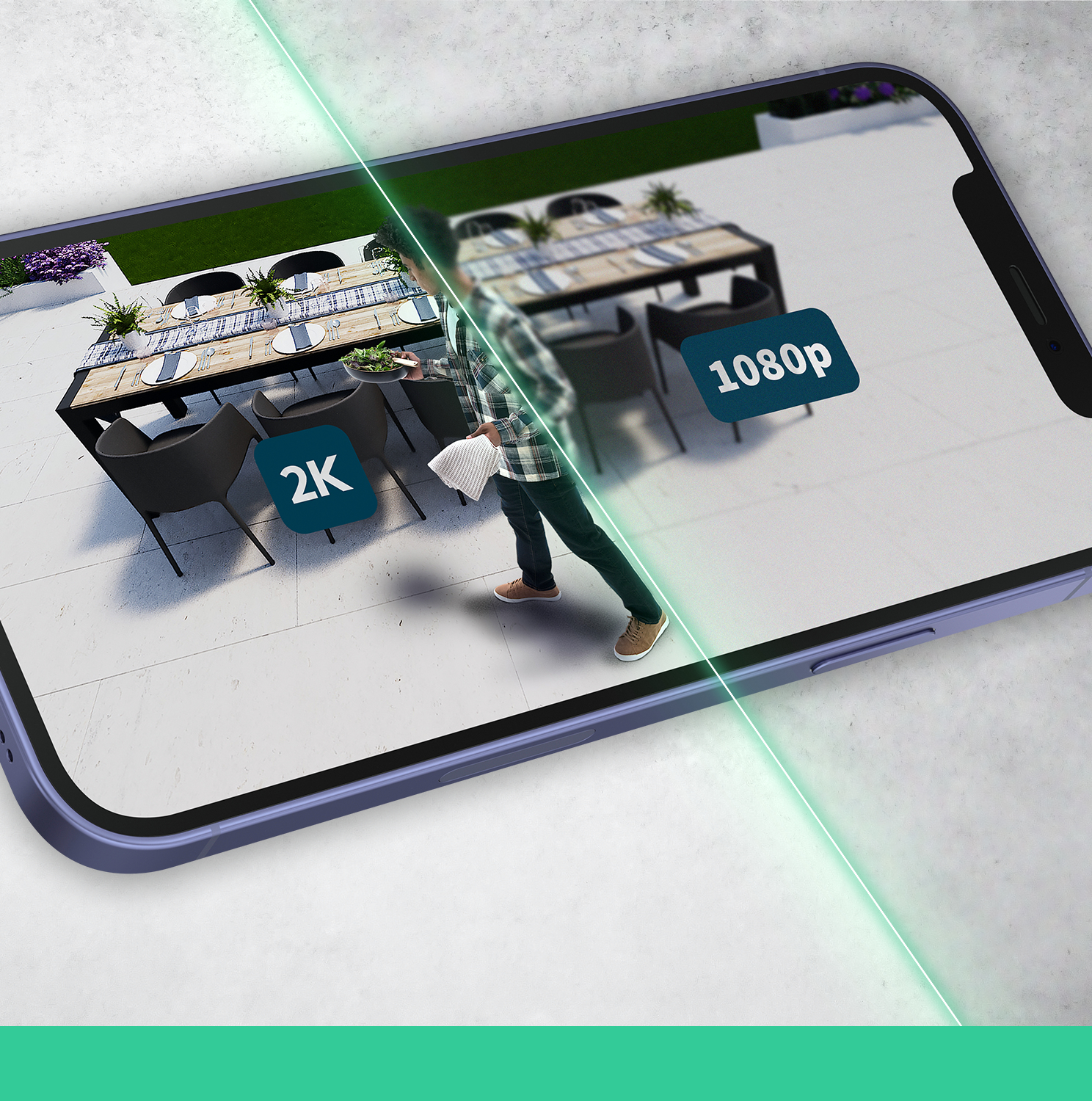 Telefon wyświetlający scenę z podwórka ze stołem i osobą. Pokazuje opcje rozdzielczości 2K i 1080p.