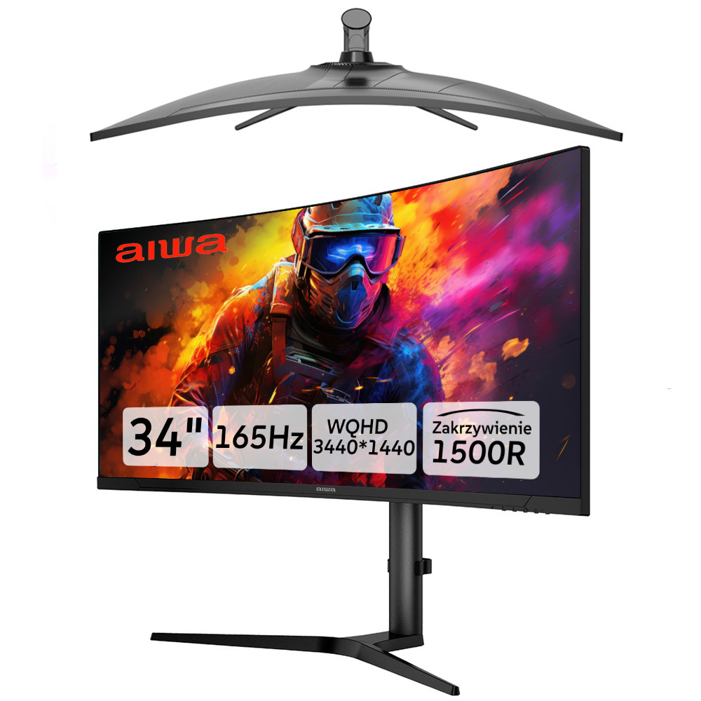 Zakrzywiony monitor AIWA, czarny, ze stojakiem. Wyświetlacz pokazuje grafikę gracza i specyfikacje: 34", 165Hz, WQHD, 1500R.