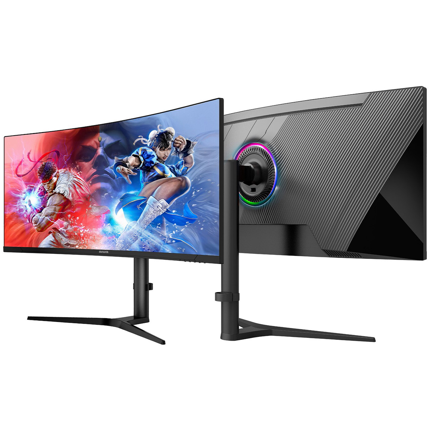 Dwa zakrzywione monitory do gier. Jeden wyświetla scenę z gry walki. Drugi pokazuje tył z świecącym pierścieniem.