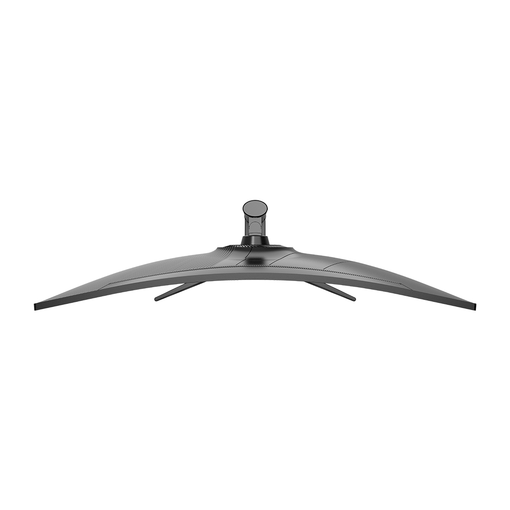 Zakrzywiony monitor z czarną ramką i podstawą jest wyśrodkowany na białym tle. Podstawa ma kształt cylindryczny.