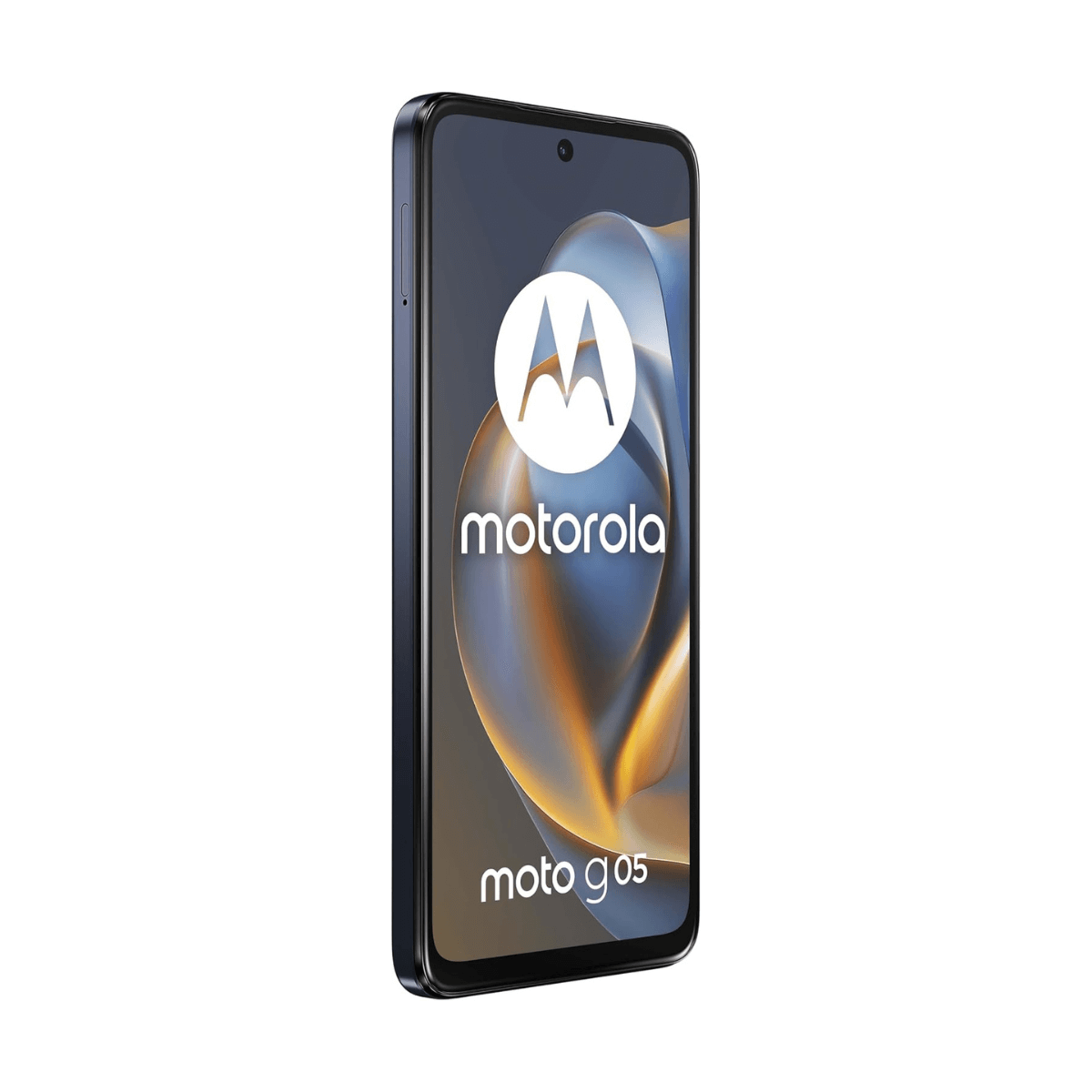 Smartfon Motorola Moto g05. Ma niebieską ramkę i ekran z logo Motorola na tle falistego wzoru.