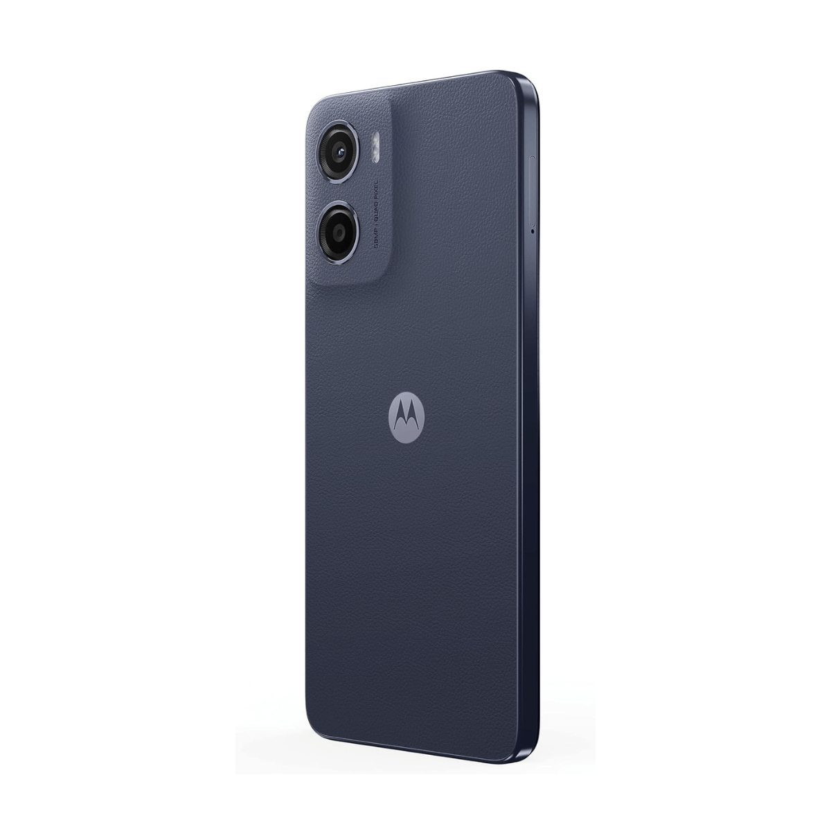 Ciemnoniebieski smartfon Motorola. Ma podwójny aparat i logo Motorola z tyłu. Telefon jest ustawiony pod kątem, aby pokazać jego bok.