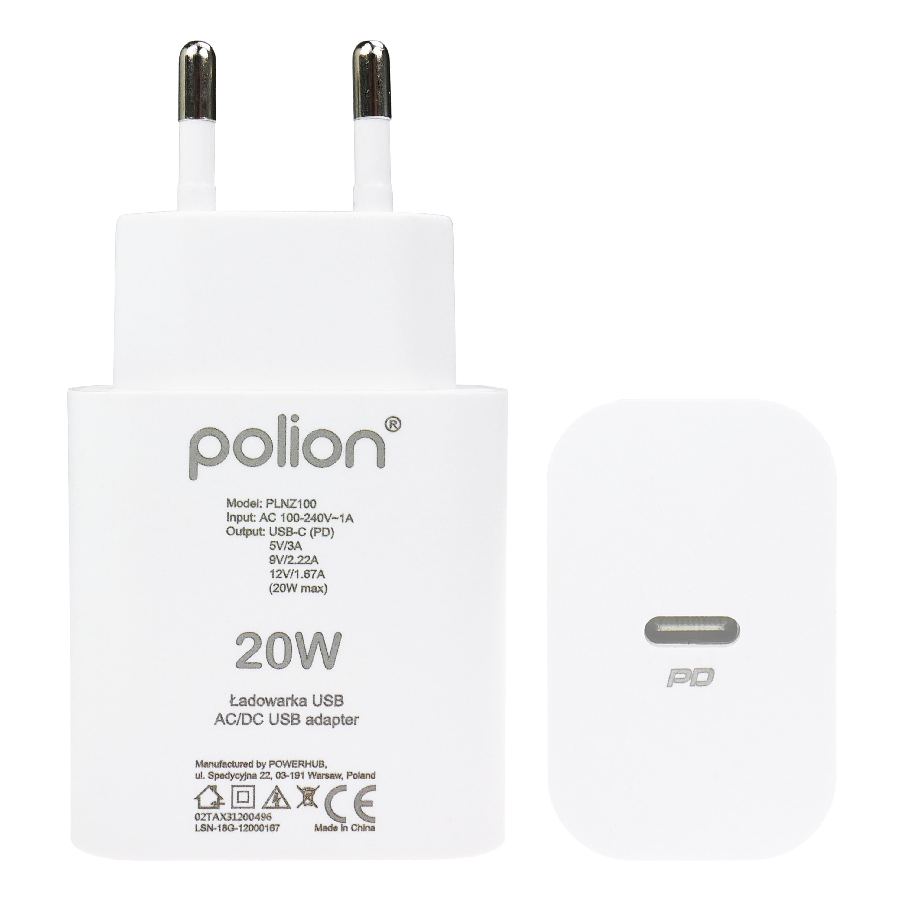 Biały adapter USB AC/DC Polion 20W. Ma dwa bolce i osobny blok ładowania USB-C.