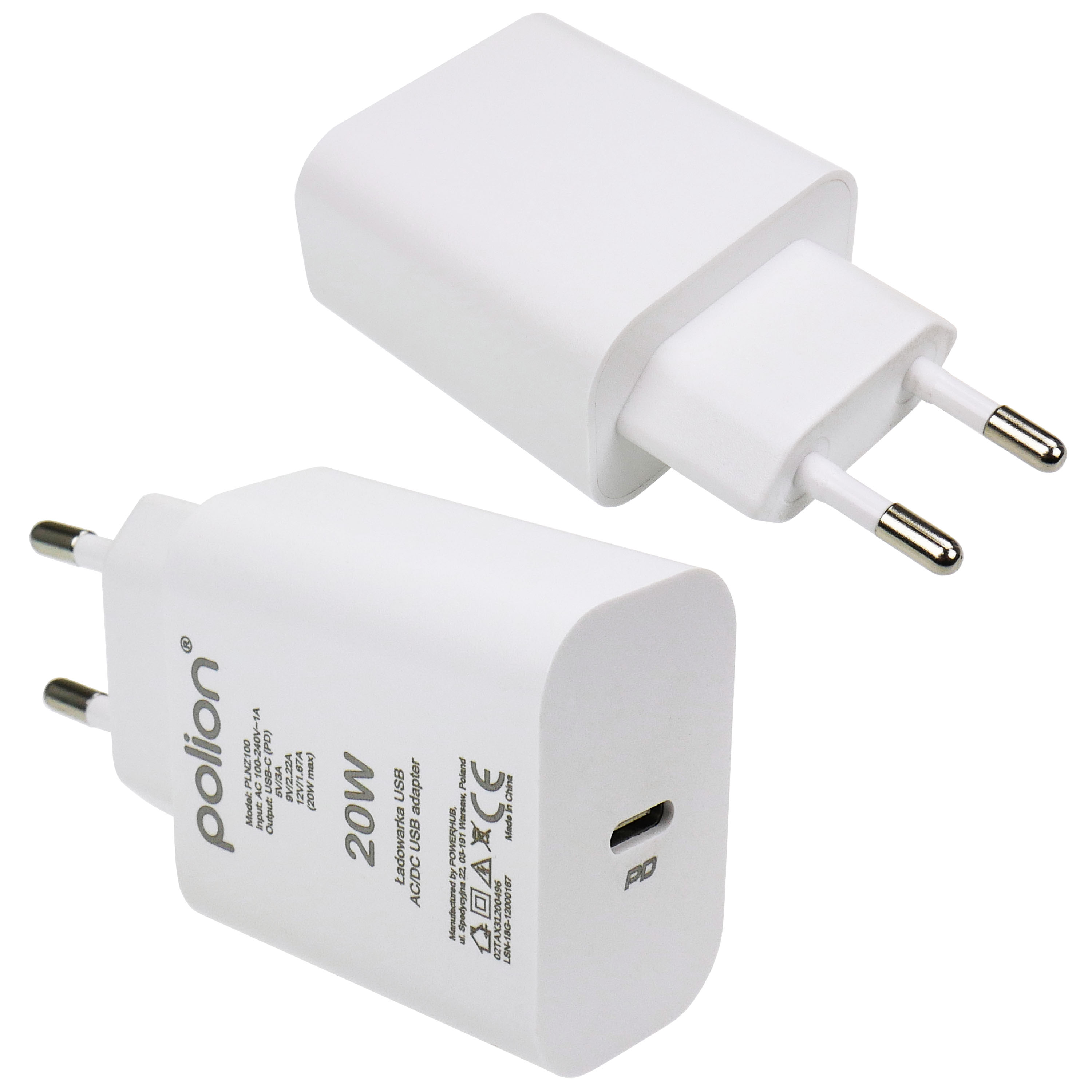 Dwie białe ładowarki USB ze srebrnymi bolcami na białym tle.