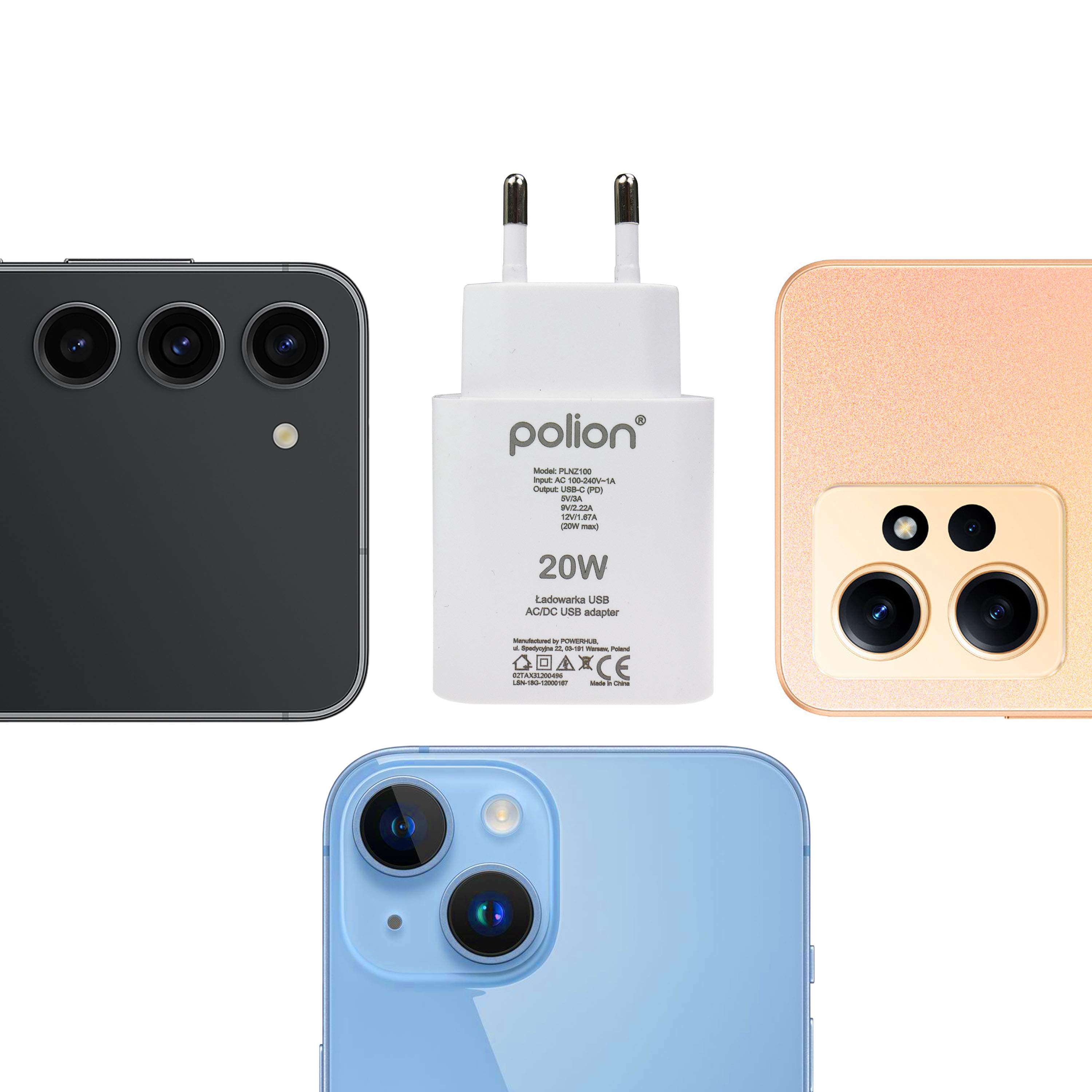 Obraz przedstawia telefony, ładowarkę i części innych telefonów. Ładowarka jest biała z czarnym tekstem.