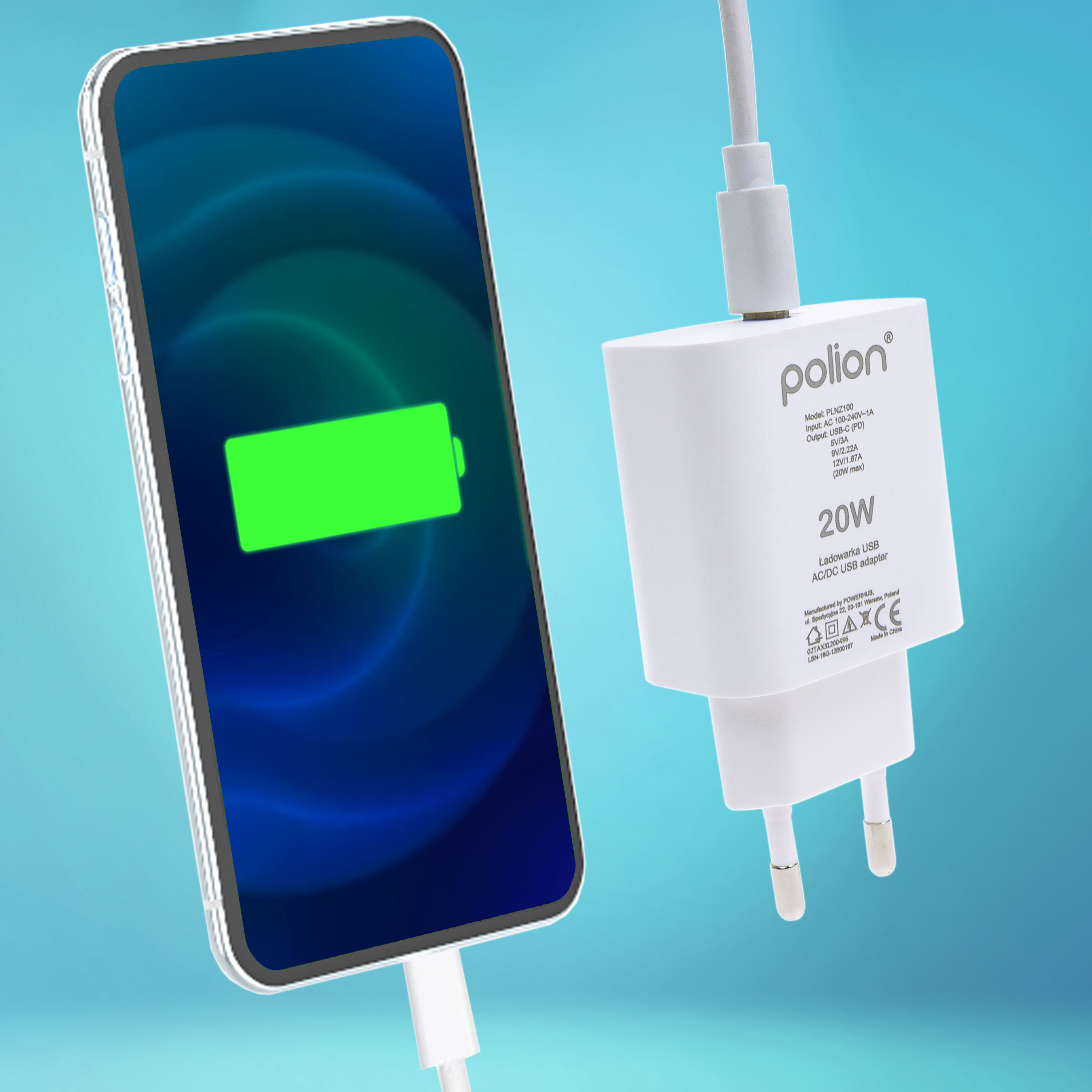 Telefon ładuje się białą ładowarką. Ekran wyświetla zielony symbol baterii.