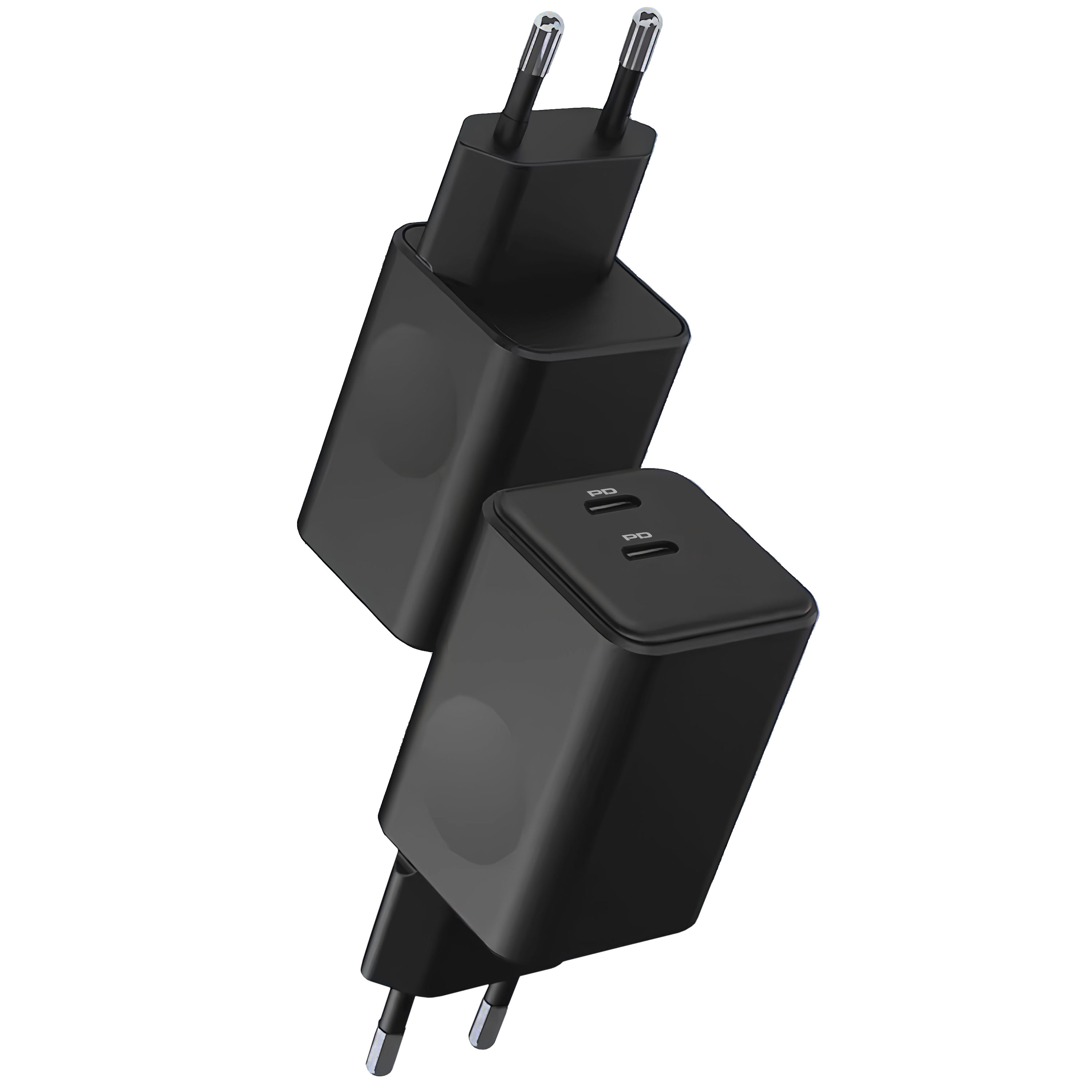 Dwie czarne ładowarki do telefonów z wtyczkami UE, jedna nad drugą. Każda ma port PD.