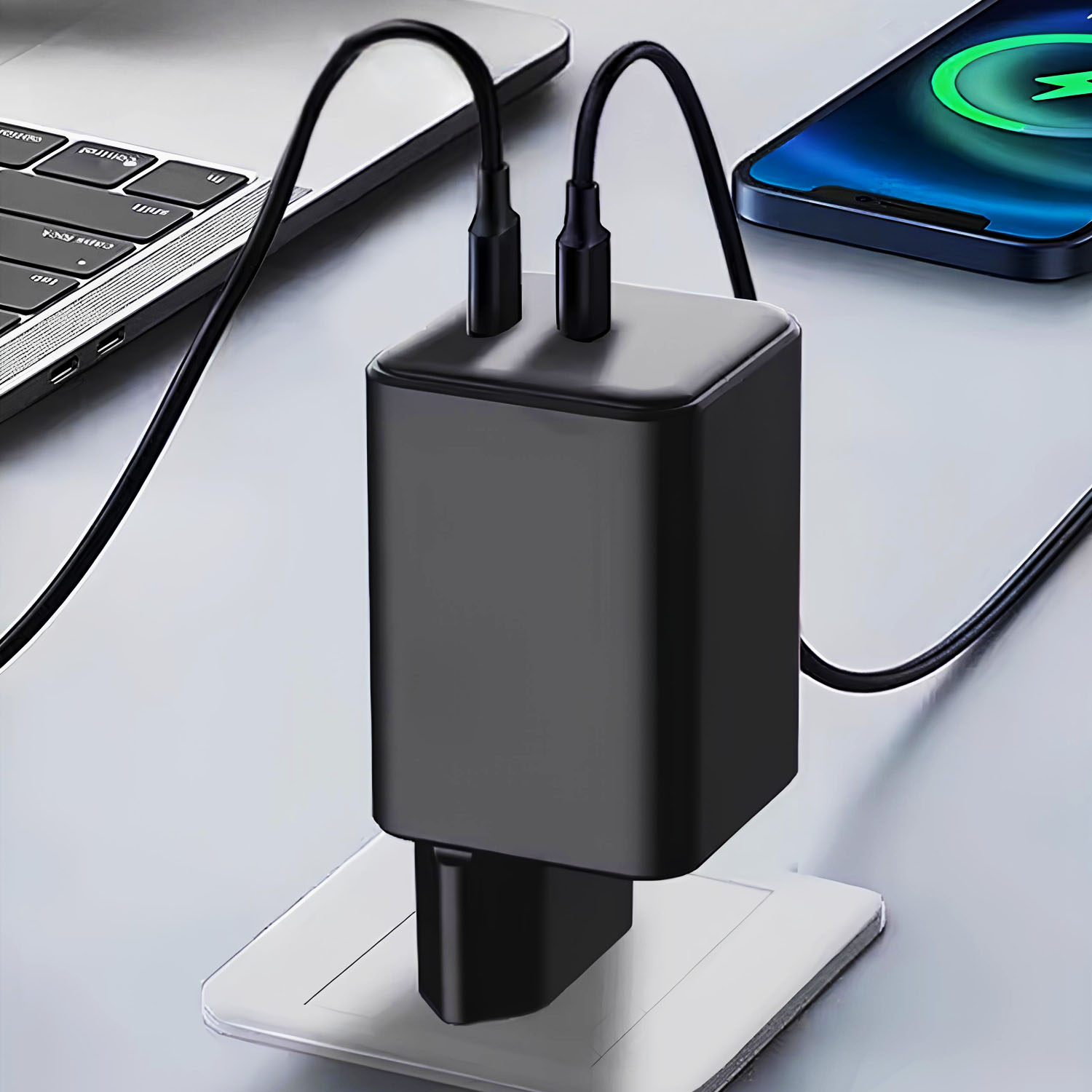 Czarna ładowarka z dwoma kablami USB, podłączona do laptopa i telefonu. Telefon pokazuje symbol ładowania.