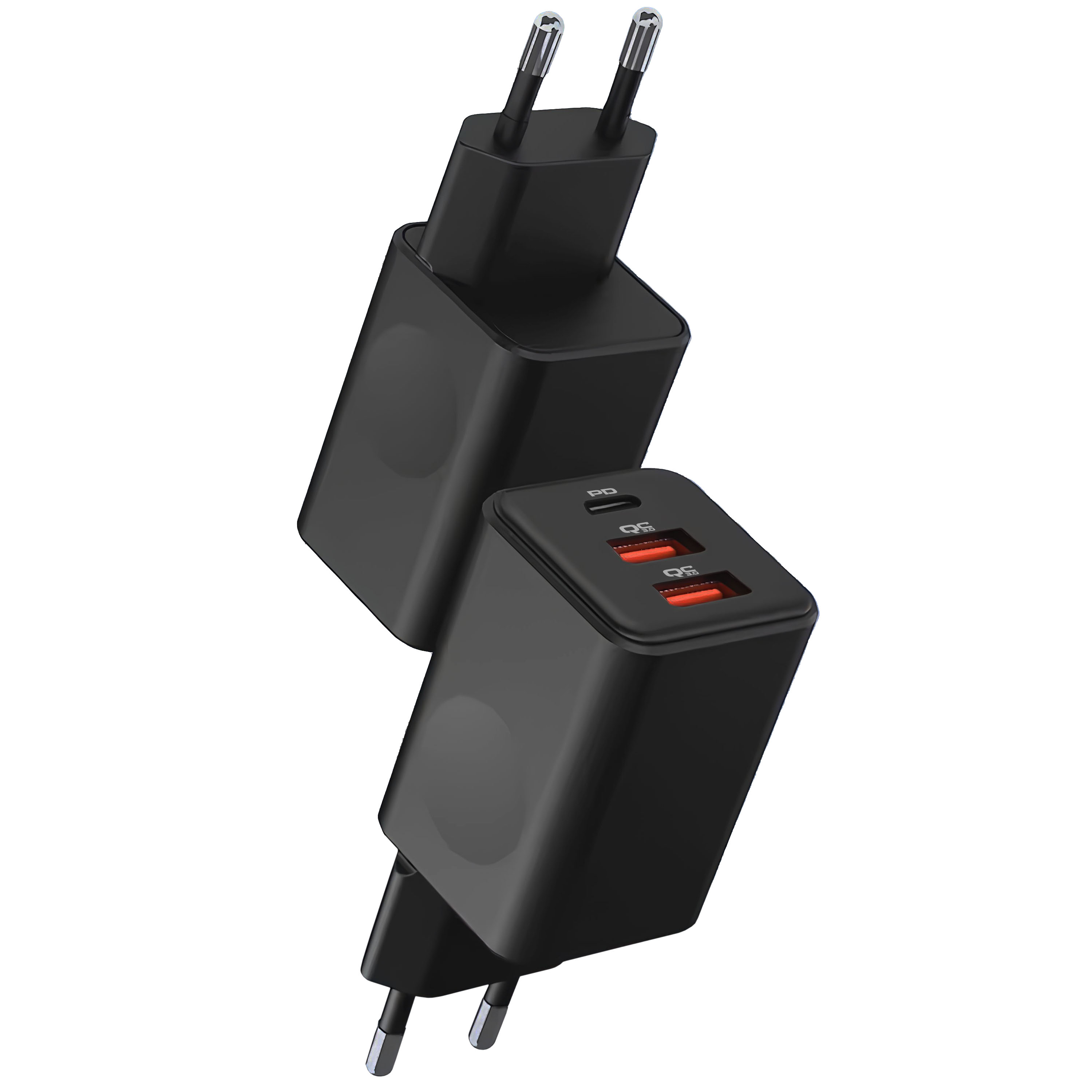 Pokazano dwie czarne ładowarki do telefonów. Jedna jest w tle, a druga na pierwszym planie.