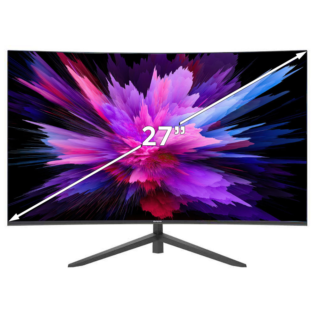 Zakrzywiony monitor 27 cali. Ekran wyświetla kolorową eksplozję. Białe linie pokazują rozmiar. Czarny stojak.