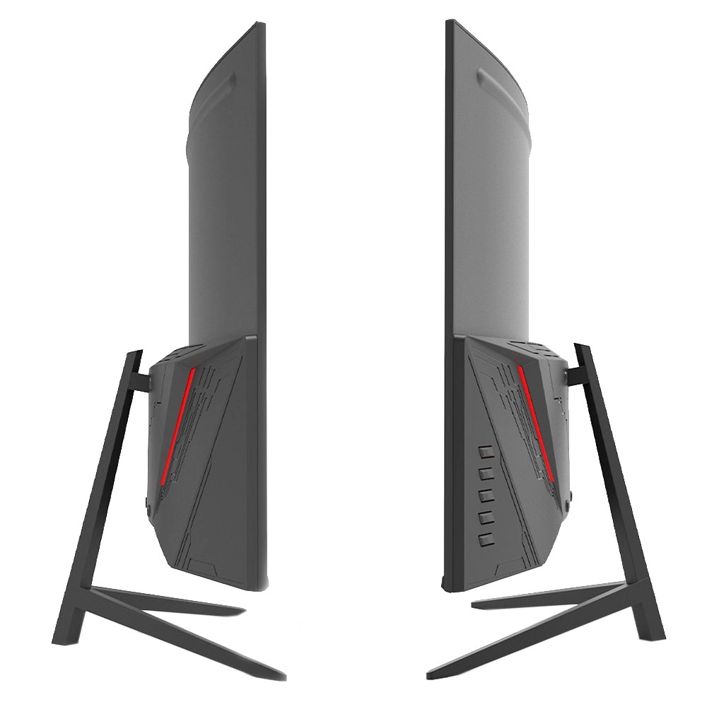 Dwa szare, zakrzywione monitory komputerowe z czerwonymi akcentami i czarnymi podstawkami są wyświetlane obok siebie na białym tle.