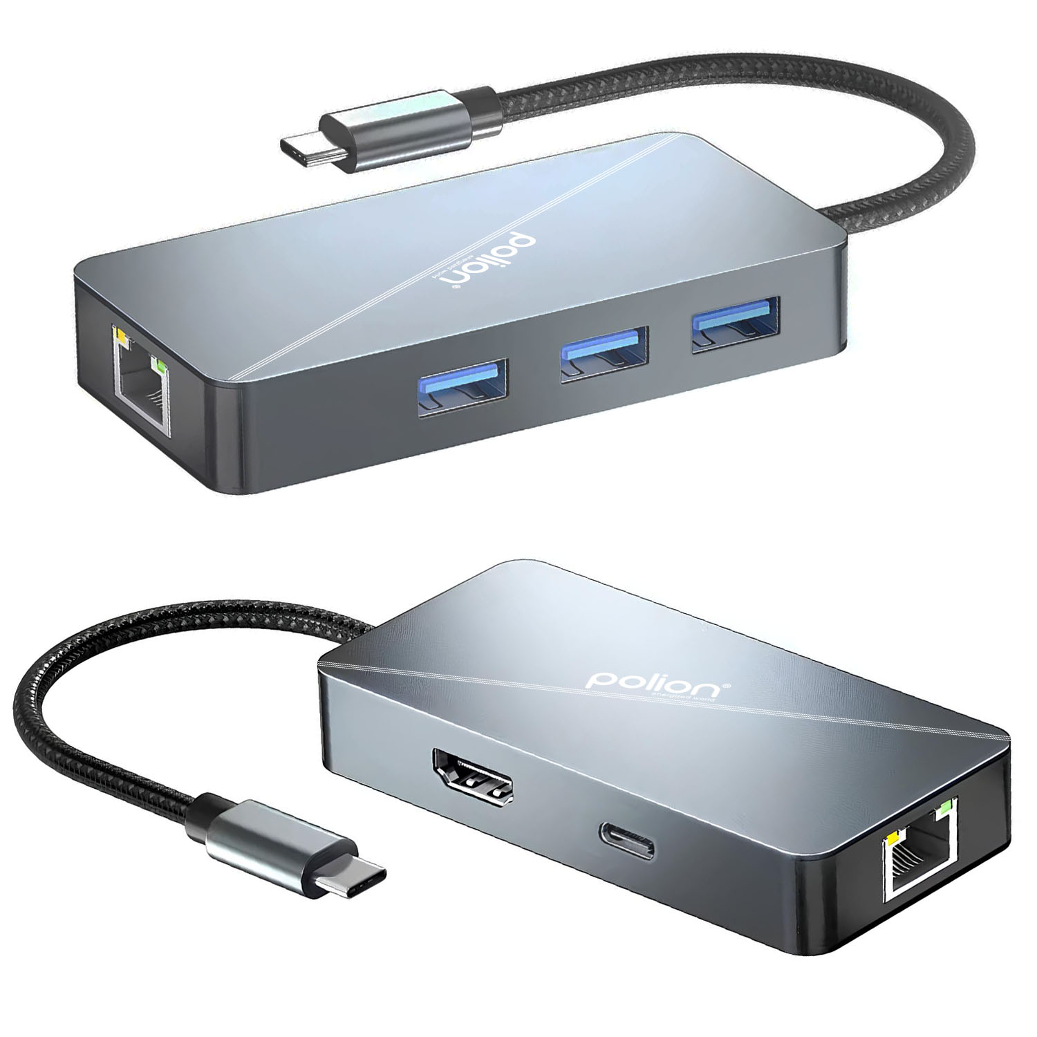 Dwa srebrne huby z różnymi portami i czarnymi kablami. Jeden z trzema portami USB i jeden z HDMI oraz złączem USB-C.