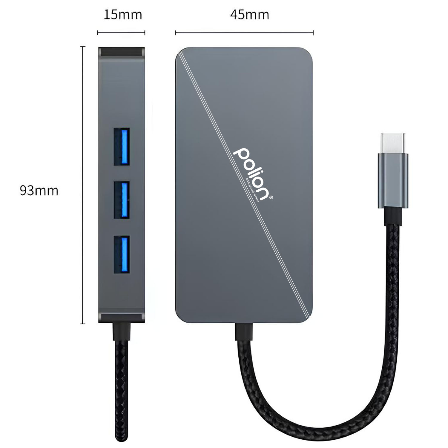 Szary hub USB Polion z kablem USB-C. Ma trzy porty USB i wysokość 93 mm.