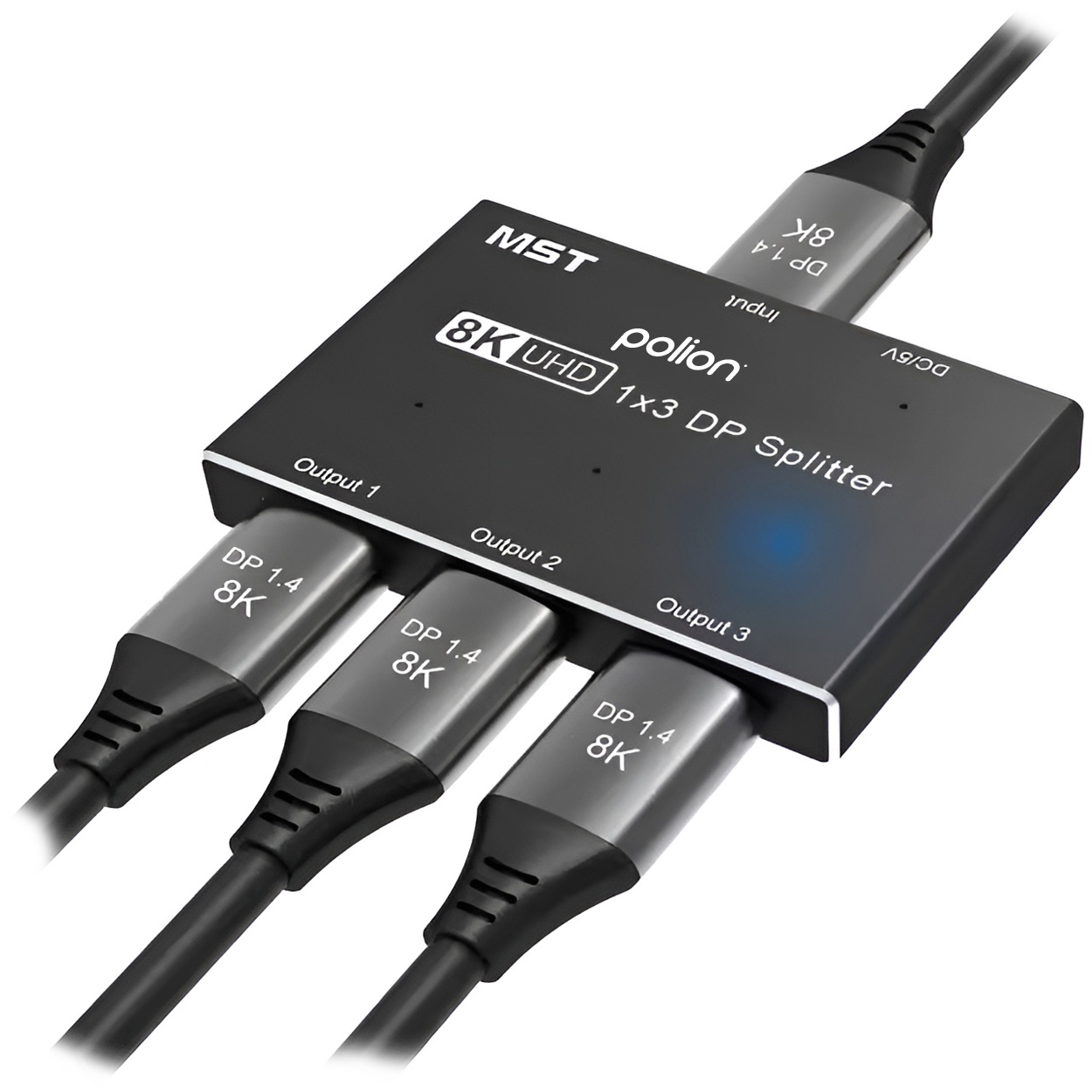 Czarny rozdzielacz DP 8K UHD 1x3 z trzema kablami wyjściowymi i jednym wejściowym. Rozdzielacz jest oznaczony napisami 'MST' i 'polion'.
