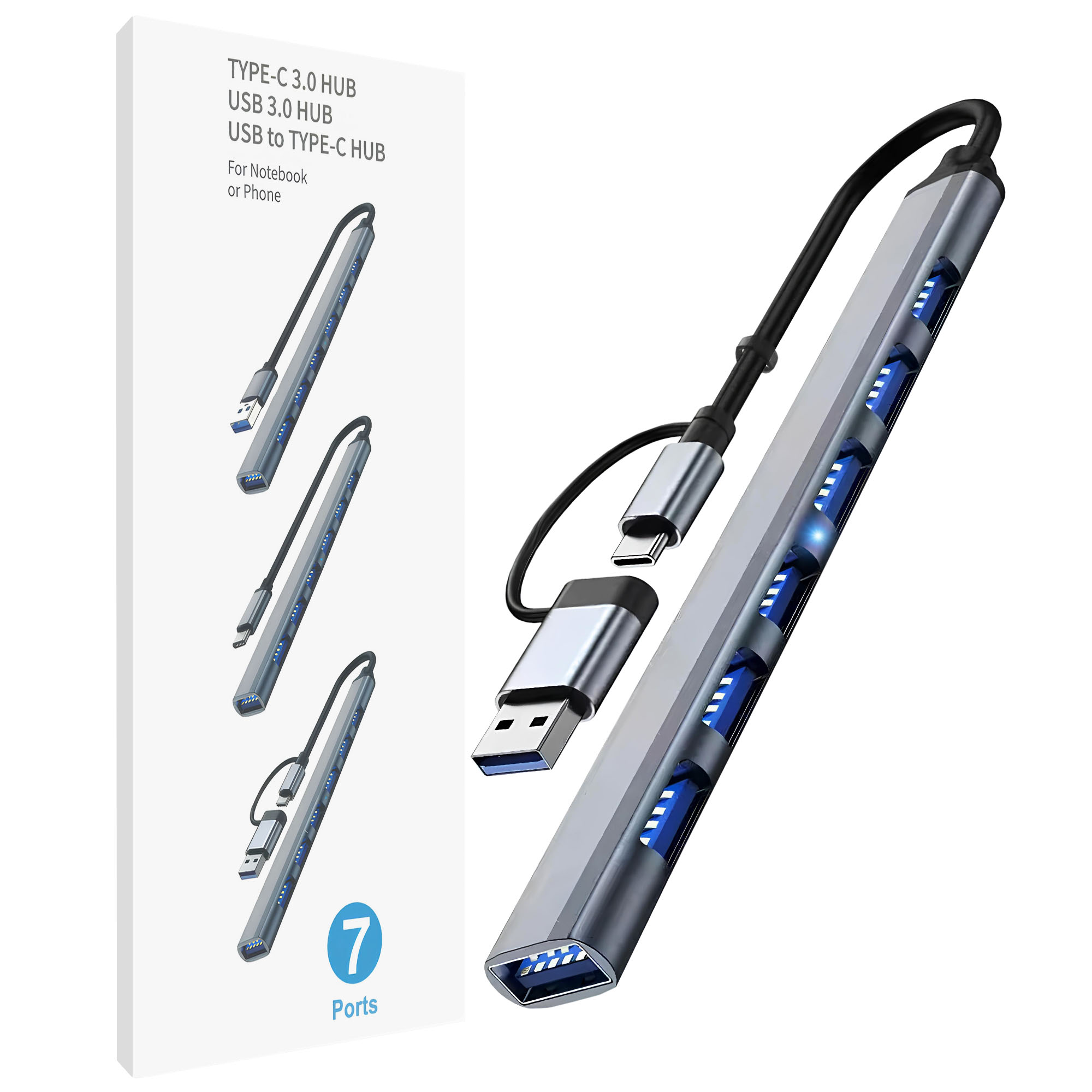 Srebrny hub USB z 7 portami i czarnym kablem. Do notebooków lub telefonów. Białe tło.