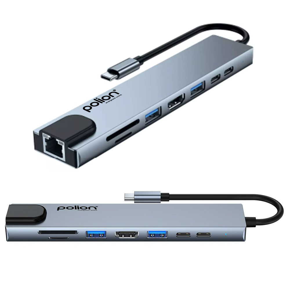 Srebrny hub USB z wieloma portami, czarnym kablem i złączem USB-C. Hub ma logo Polion.