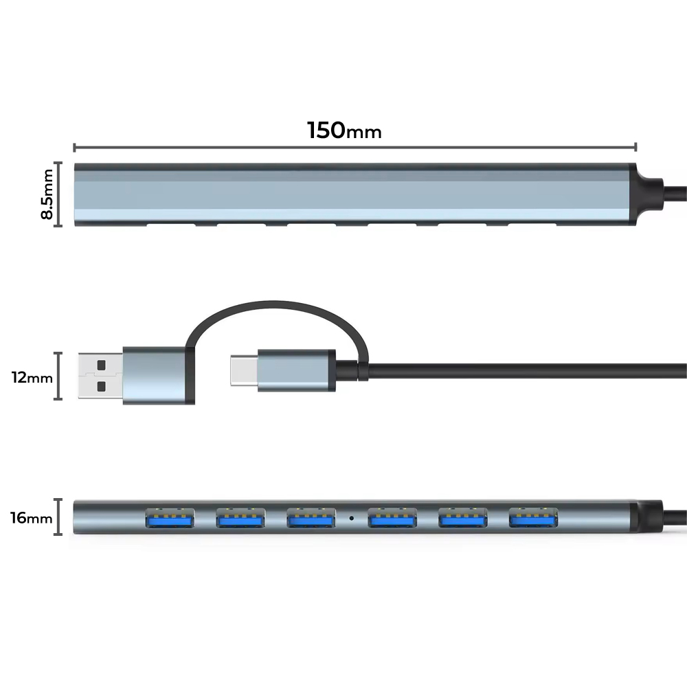 Hub USB z wieloma portami, pokazano złącze USB-A i USB-C. Wymiary są oznaczone: 150 mm, 8,5 mm, 12 mm i 16 mm.