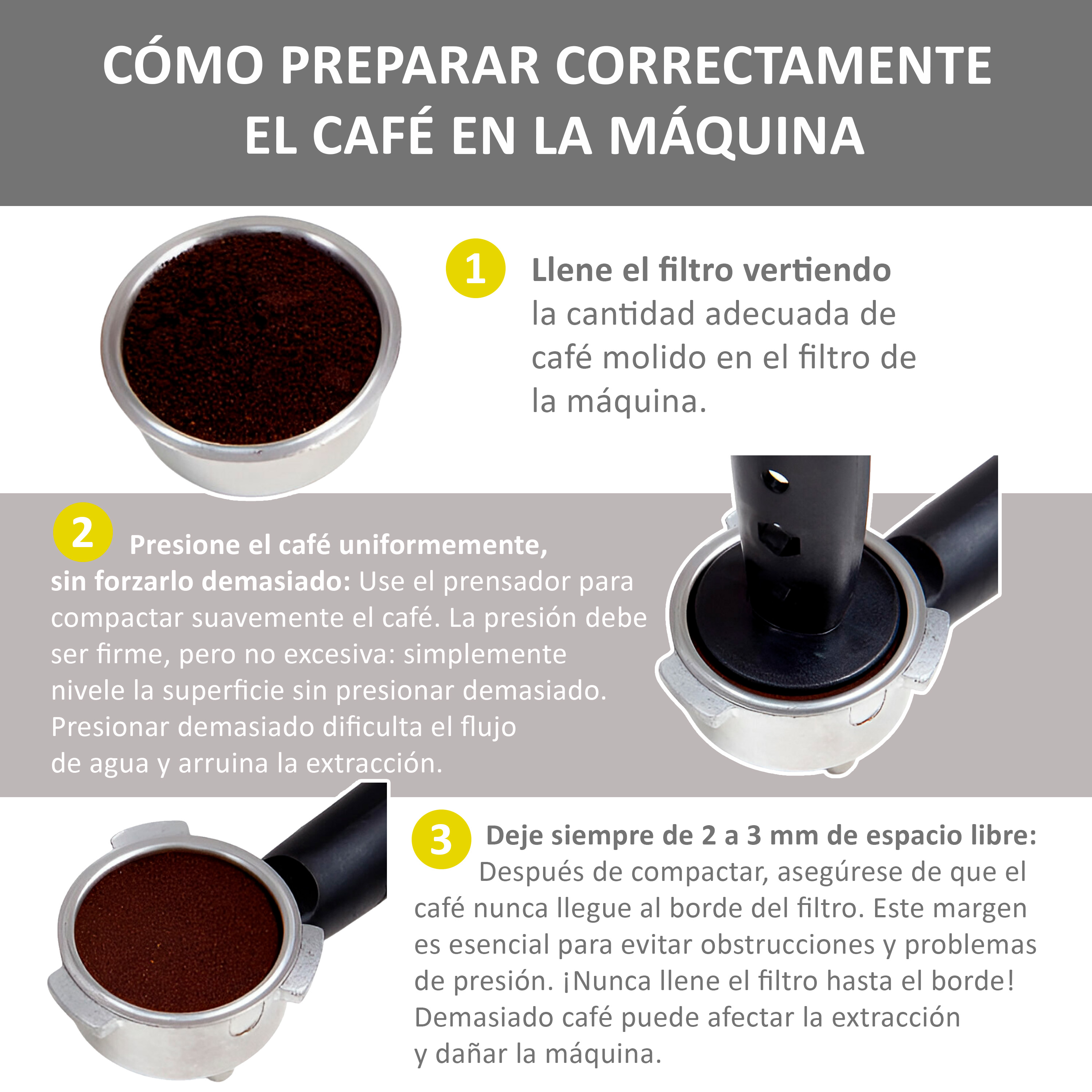 La imagen muestra instrucciones sobre cómo preparar café en una máquina, con pasos e ilustraciones.