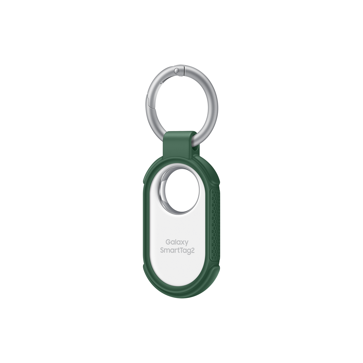 Un portachiavi Galaxy SmartTag2. È verde e bianco, con un anello argentato in cima. Il marchio è visibile.