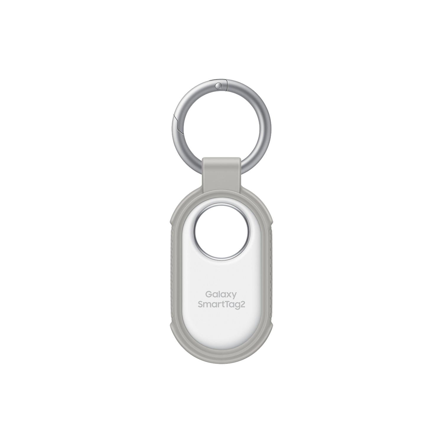 Un portachiavi Galaxy SmartTag2. Il dispositivo è bianco con bordo grigio e anello argentato. Lo sfondo è nero.