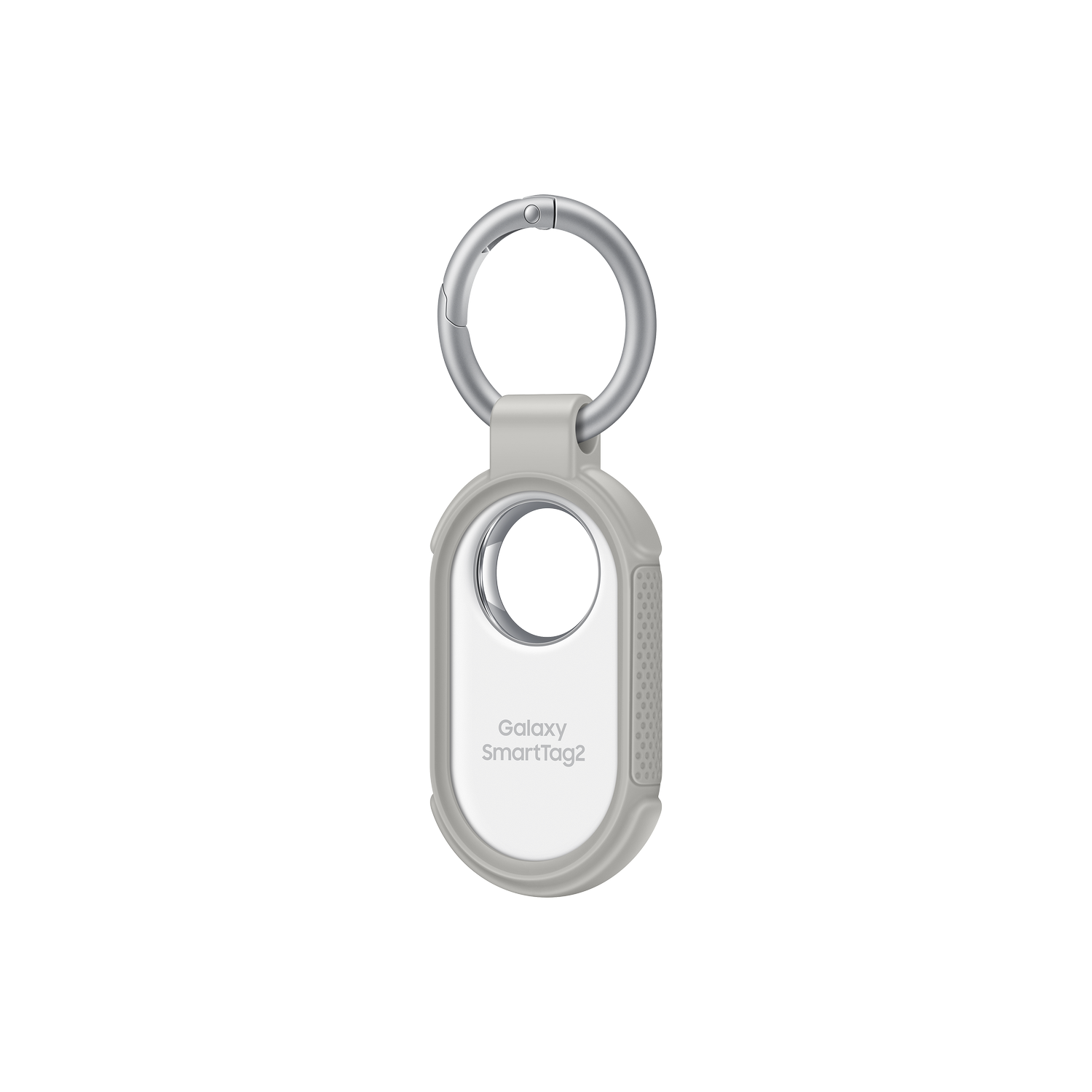 Un portachiavi Galaxy SmartTag2. È un ovale grigio con un anello argentato in alto. Il testo 'Galaxy SmartTag2' è visibile.