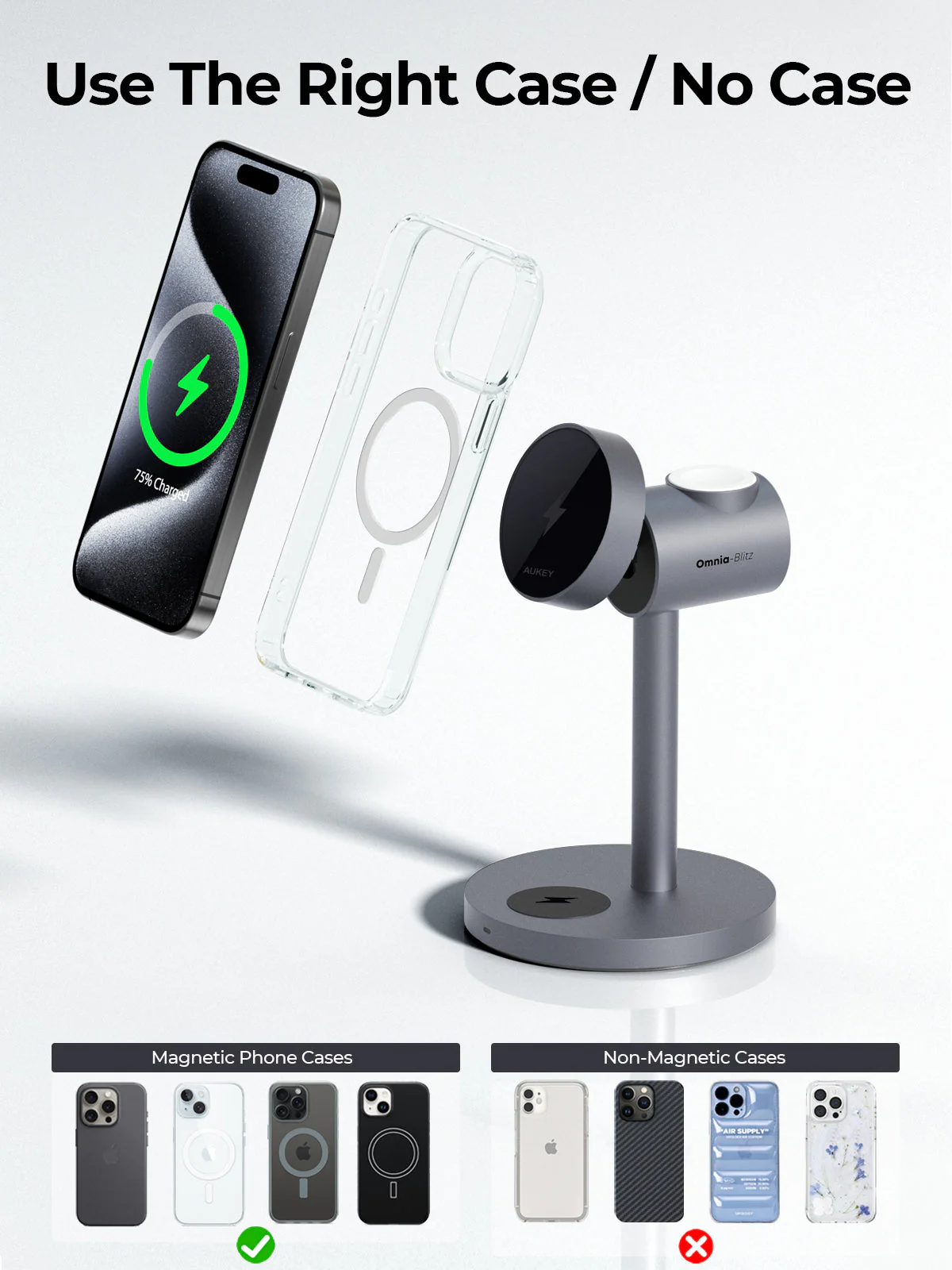 Se muestra un teléfono cargando, una funda transparente y una estación de carga. La imagen promueve el uso de la funda correcta para cargar.