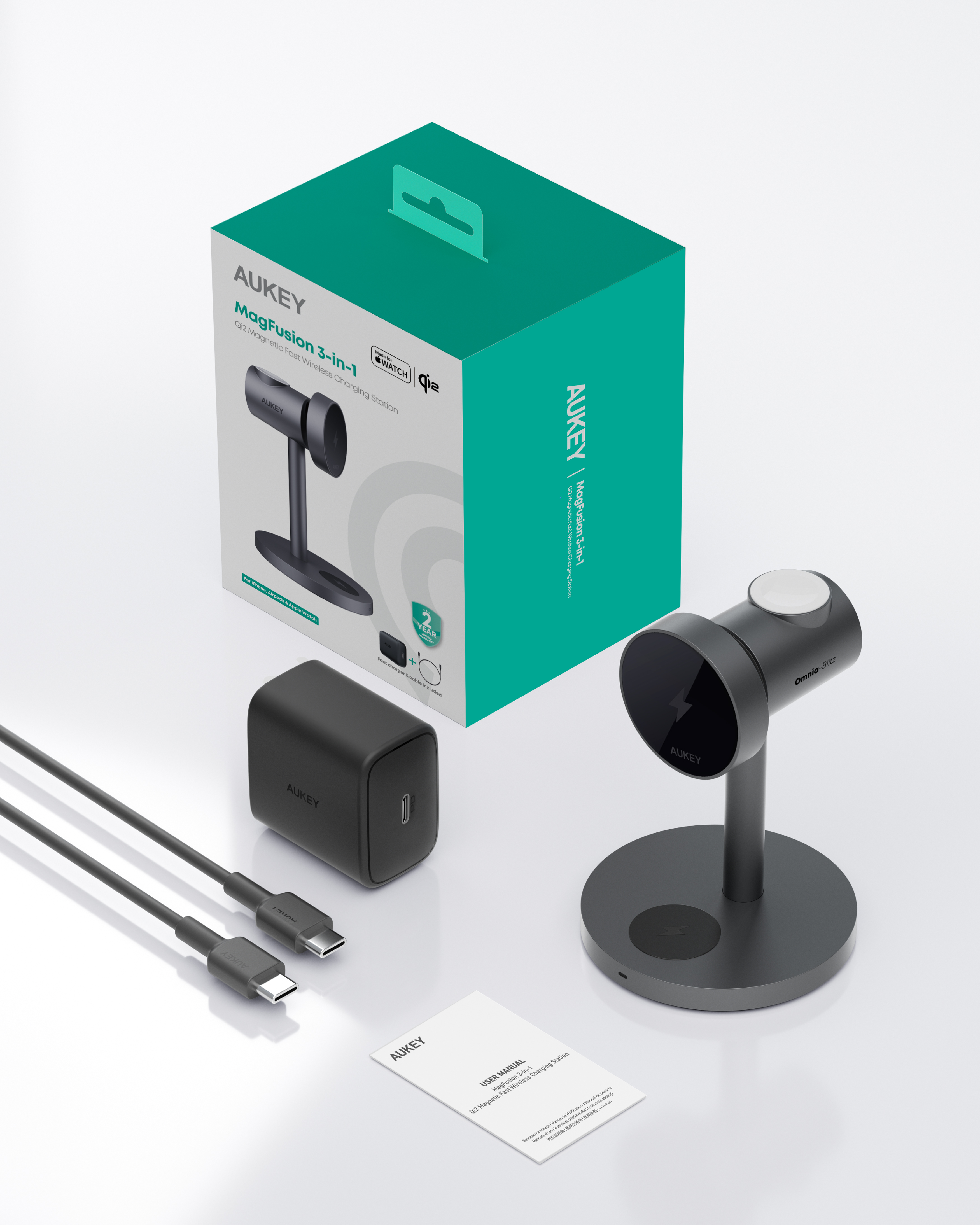 Un juego de estación de carga con cargador, cables y caja. La estación es para iPhone, AirPods y Apple Watch.