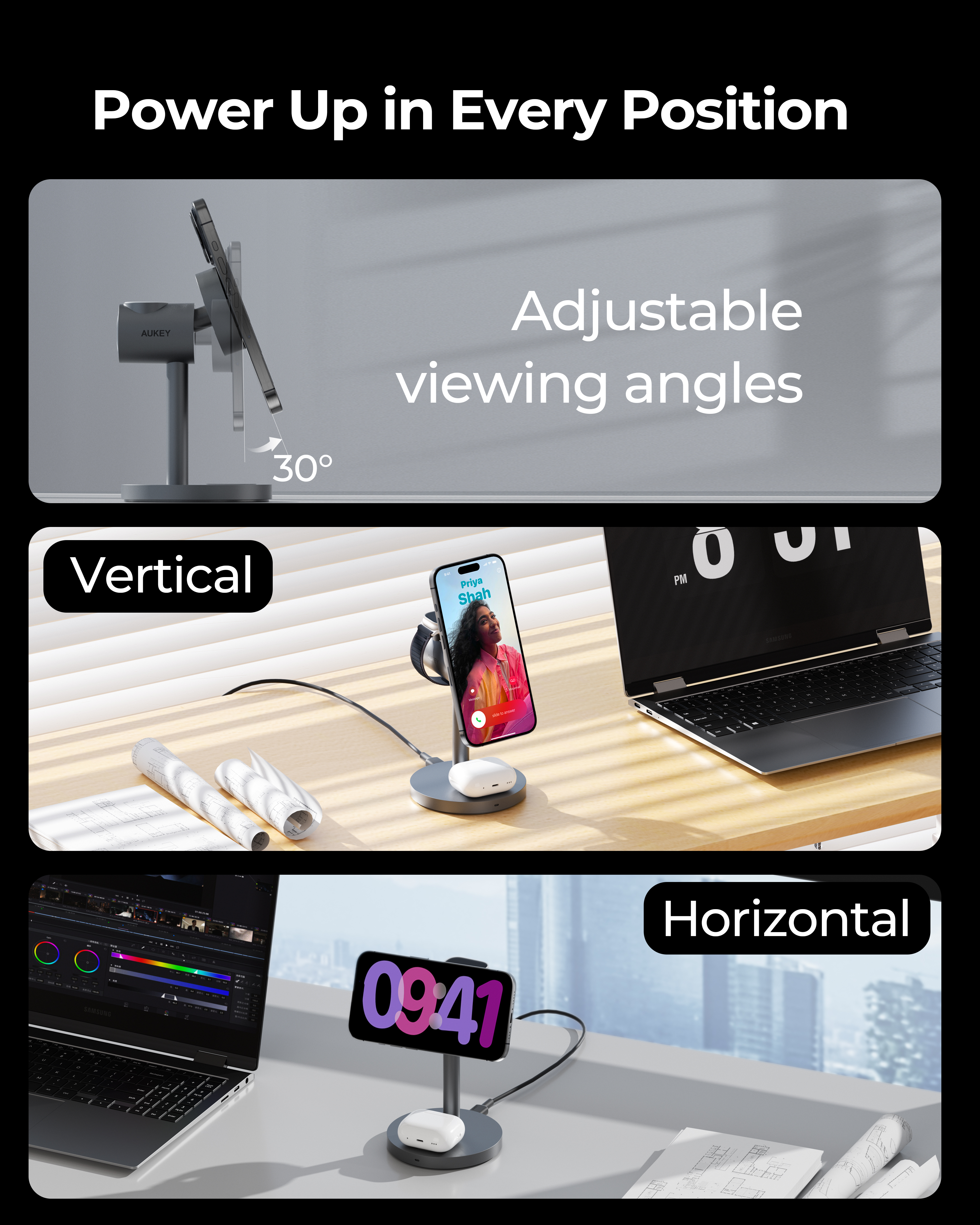 La imagen muestra un soporte de carga para teléfono con el teléfono en posición vertical y horizontal, con texto que indica ángulos ajustables.