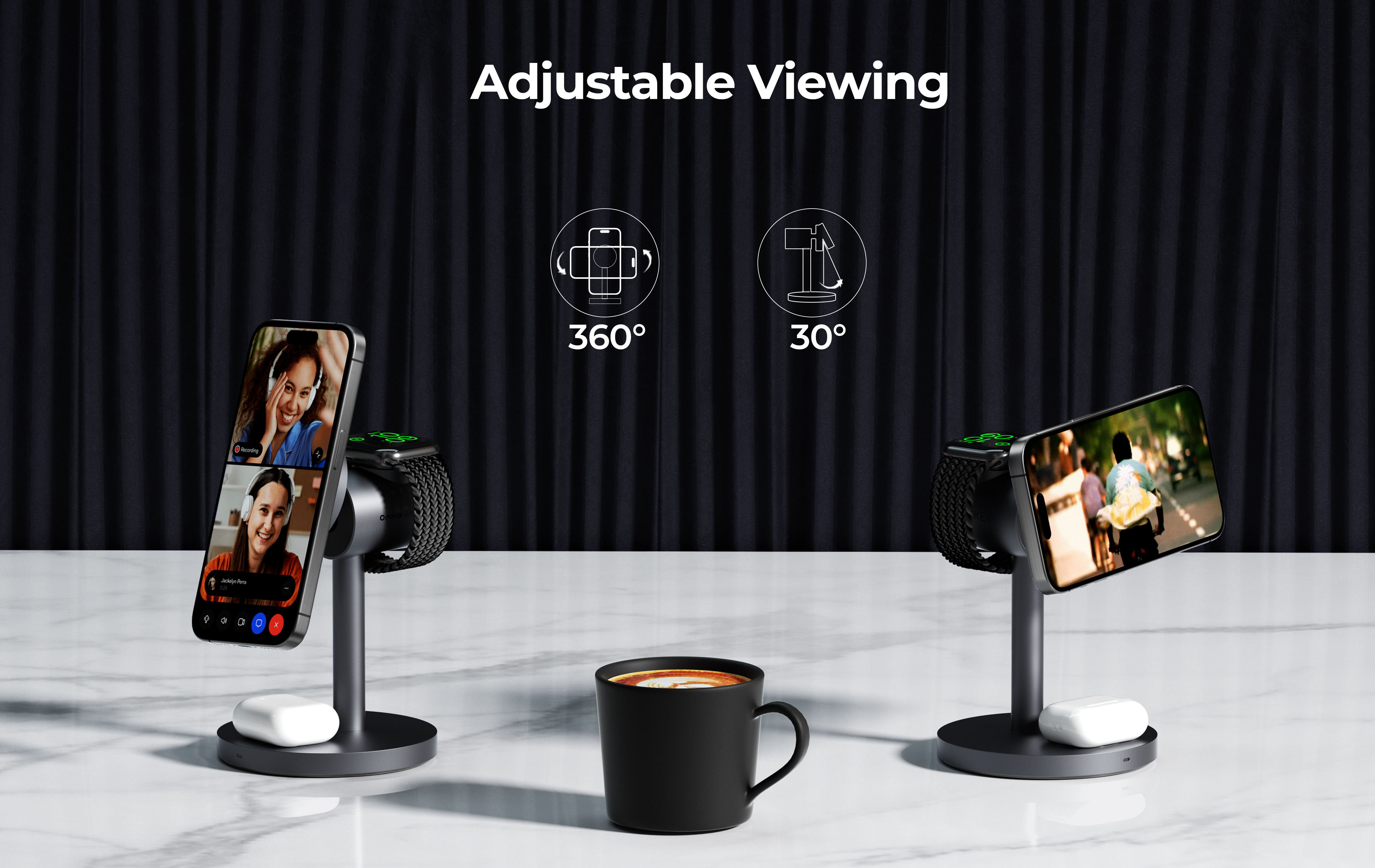 Un soporte de carga para teléfono y reloj. Los teléfonos muestran videollamadas y escenas de la ciudad. Una taza de café está en el medio.