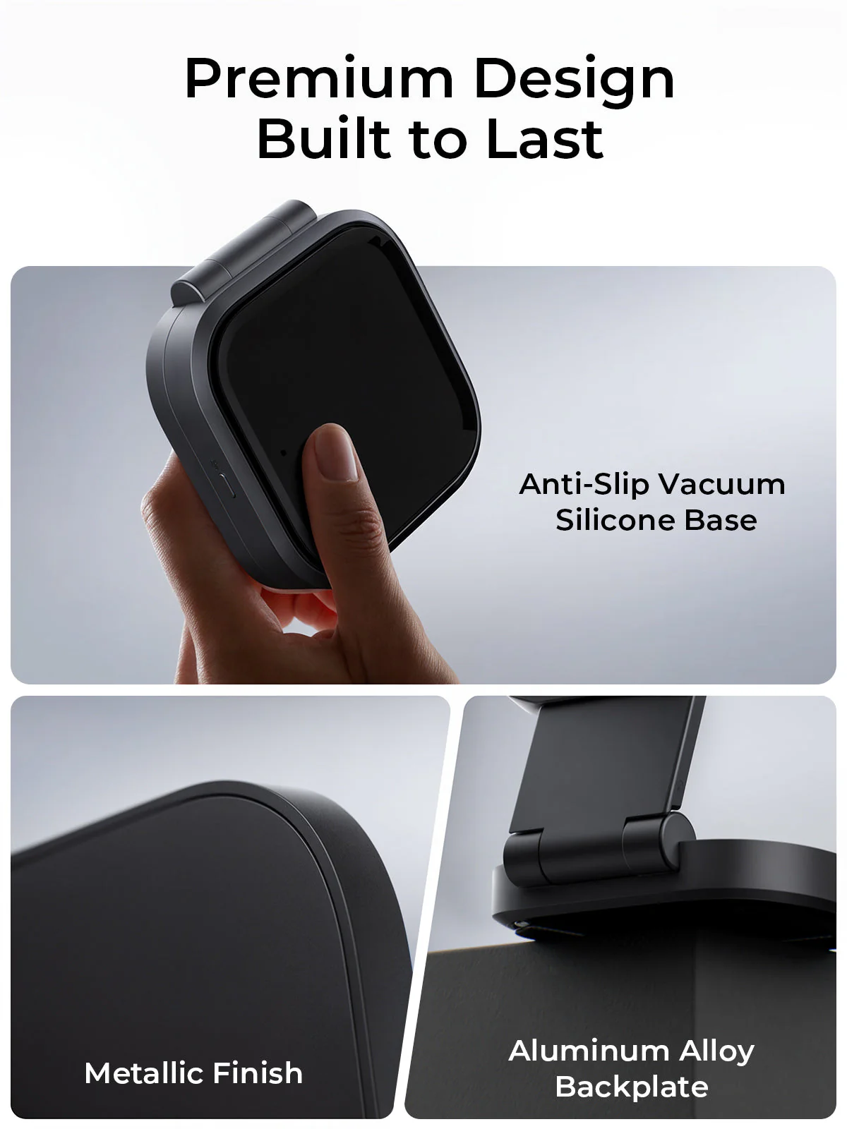 Una mano sosteniendo un dispositivo negro. El texto dice Diseño Premium, Base de silicona antideslizante, Acabado metálico y Placa trasera de aleación de aluminio.