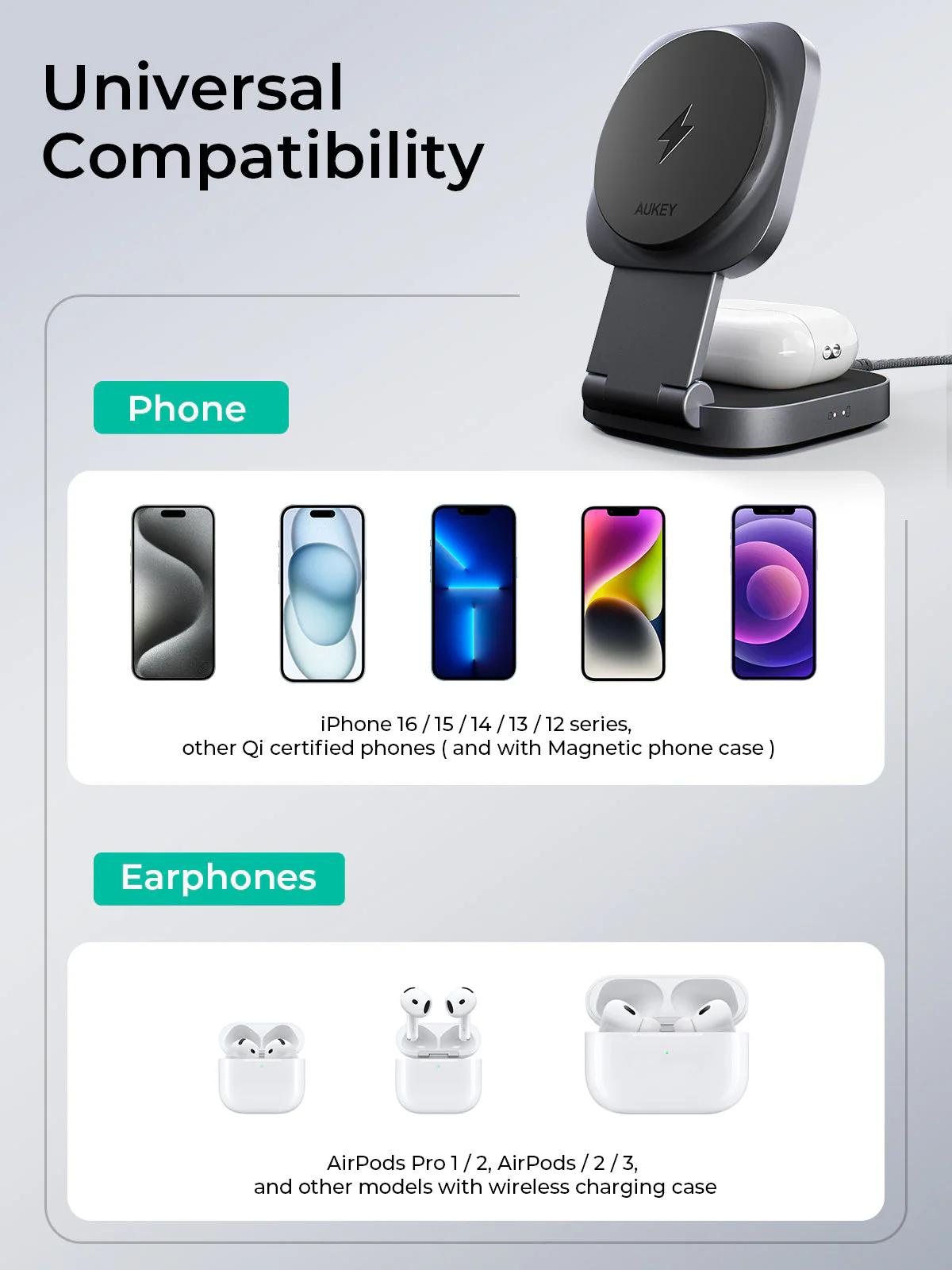 La imagen muestra un soporte de carga para teléfono y teléfonos. También se muestran los AirPods. Texto: Compatibilidad universal, Teléfono, Auriculares.