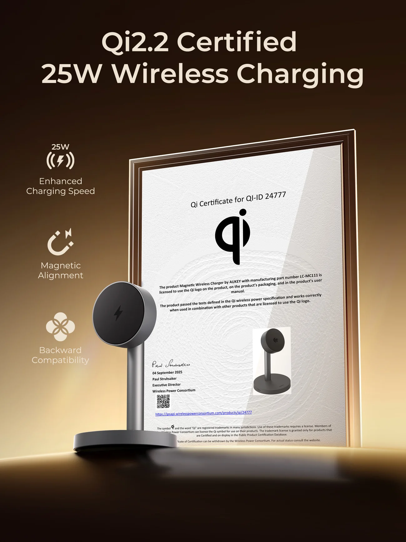 Un cargador inalámbrico con certificado. Muestra el logotipo Qi y las palabras 'Qi2.2 Certified 25W Wireless Charging'.