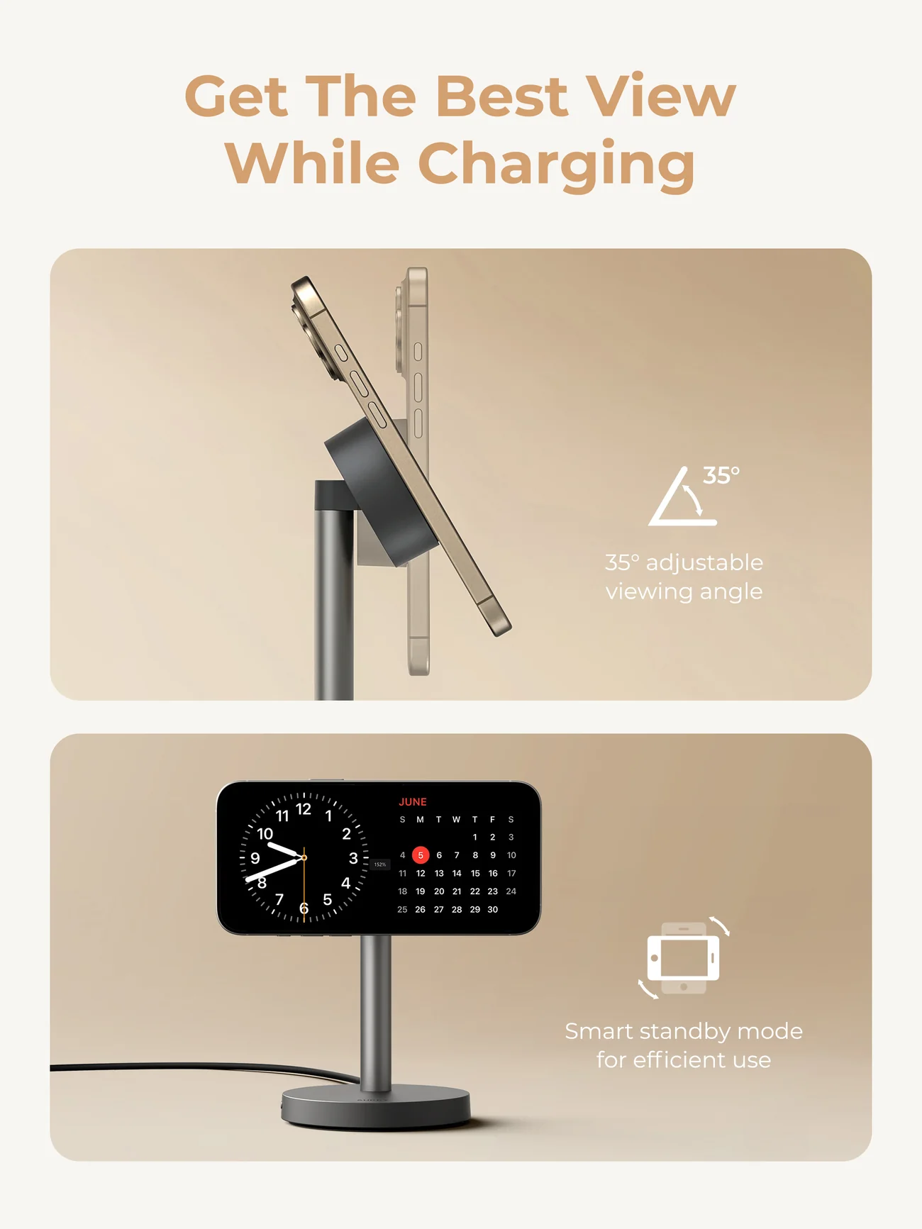 La imagen muestra un soporte de carga para teléfono con teléfono, reloj y calendario, con texto que promueve la mejor vista.