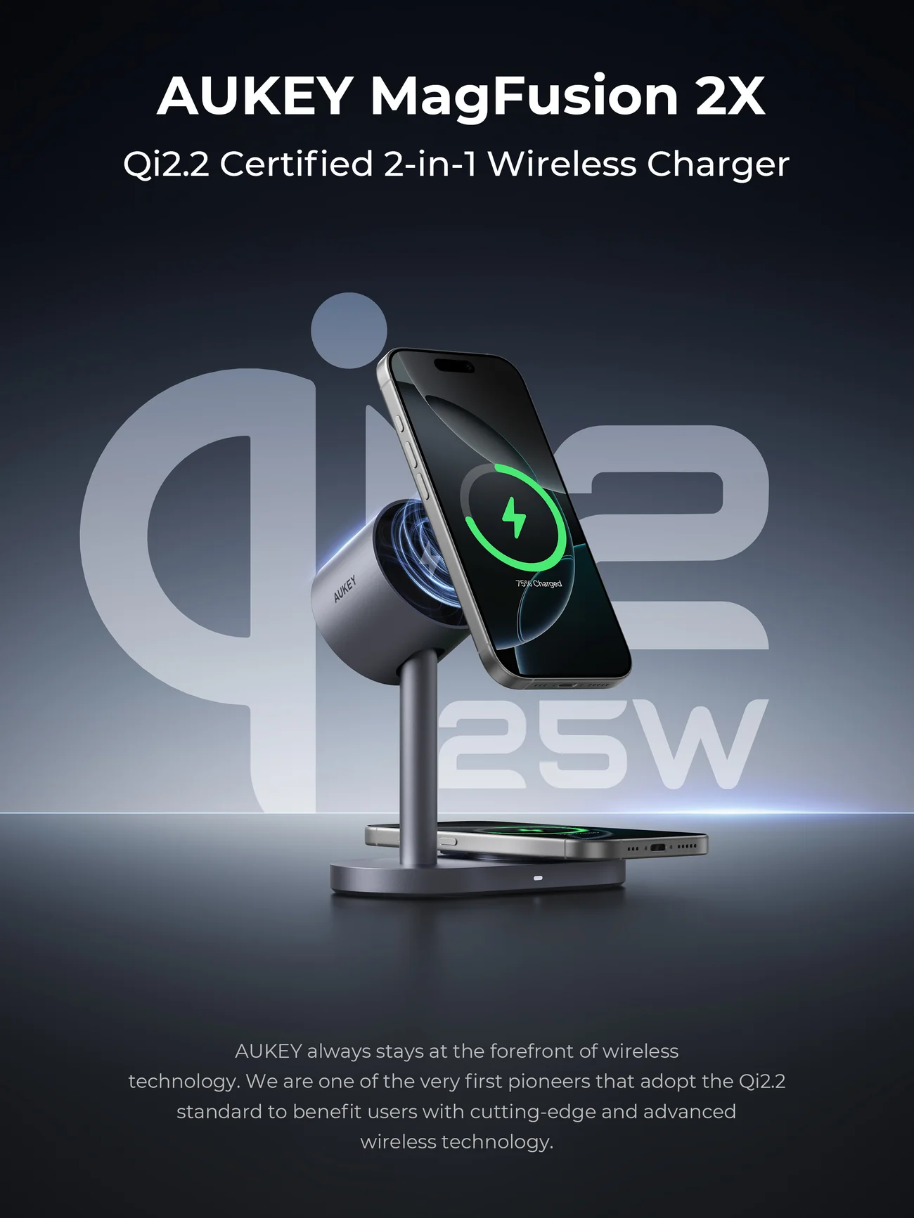Cargador inalámbrico con un teléfono cargando. El teléfono muestra 75% cargado. AUKEY MagFusion 2X es el producto.