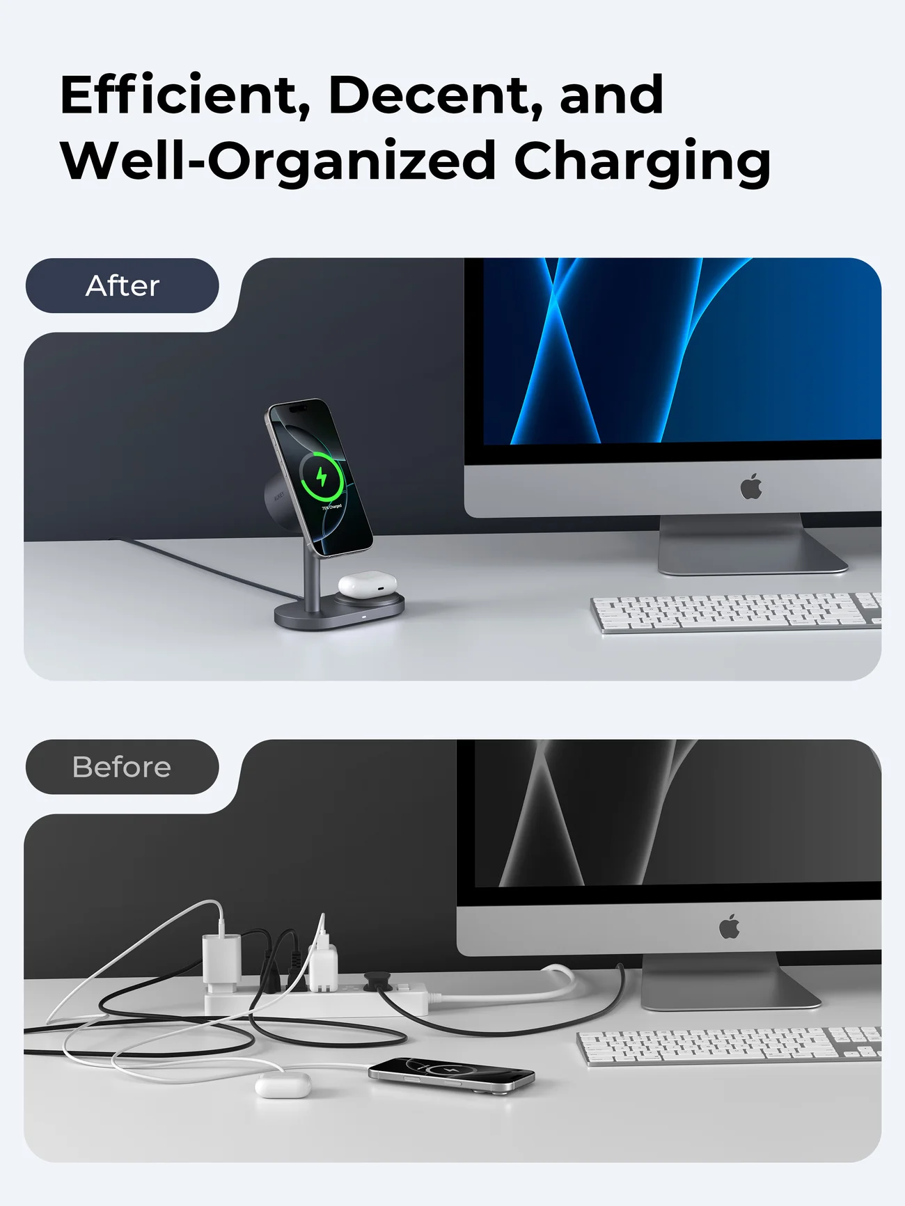 La imagen muestra un antes y después de una configuración de carga. Antes: cables desordenados. Después: cargador organizado con teléfono y AirPods.