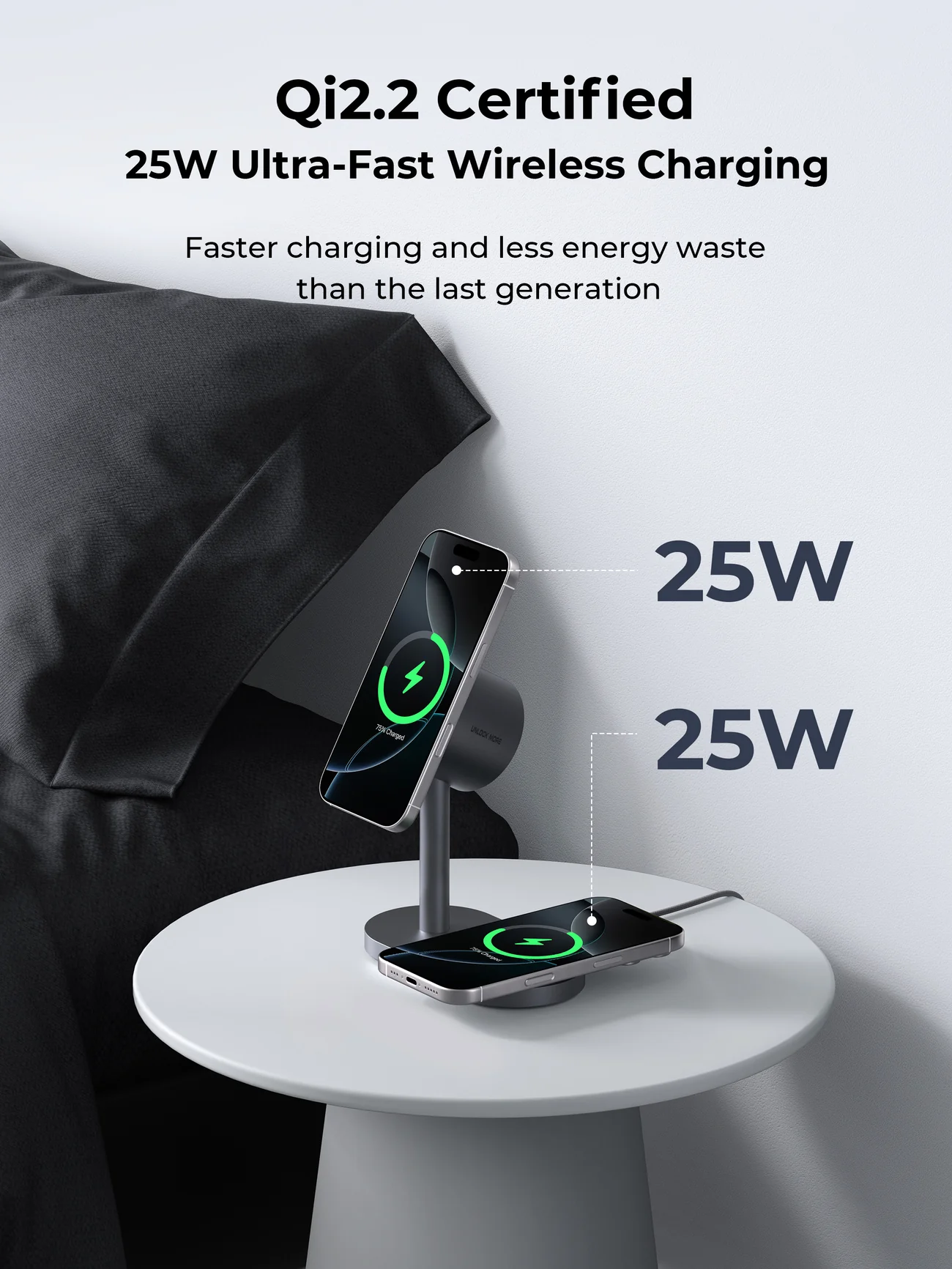 Cargador inalámbrico con dos teléfonos, uno vertical y otro plano. Ambos muestran carga, con etiqueta de 25W y texto.