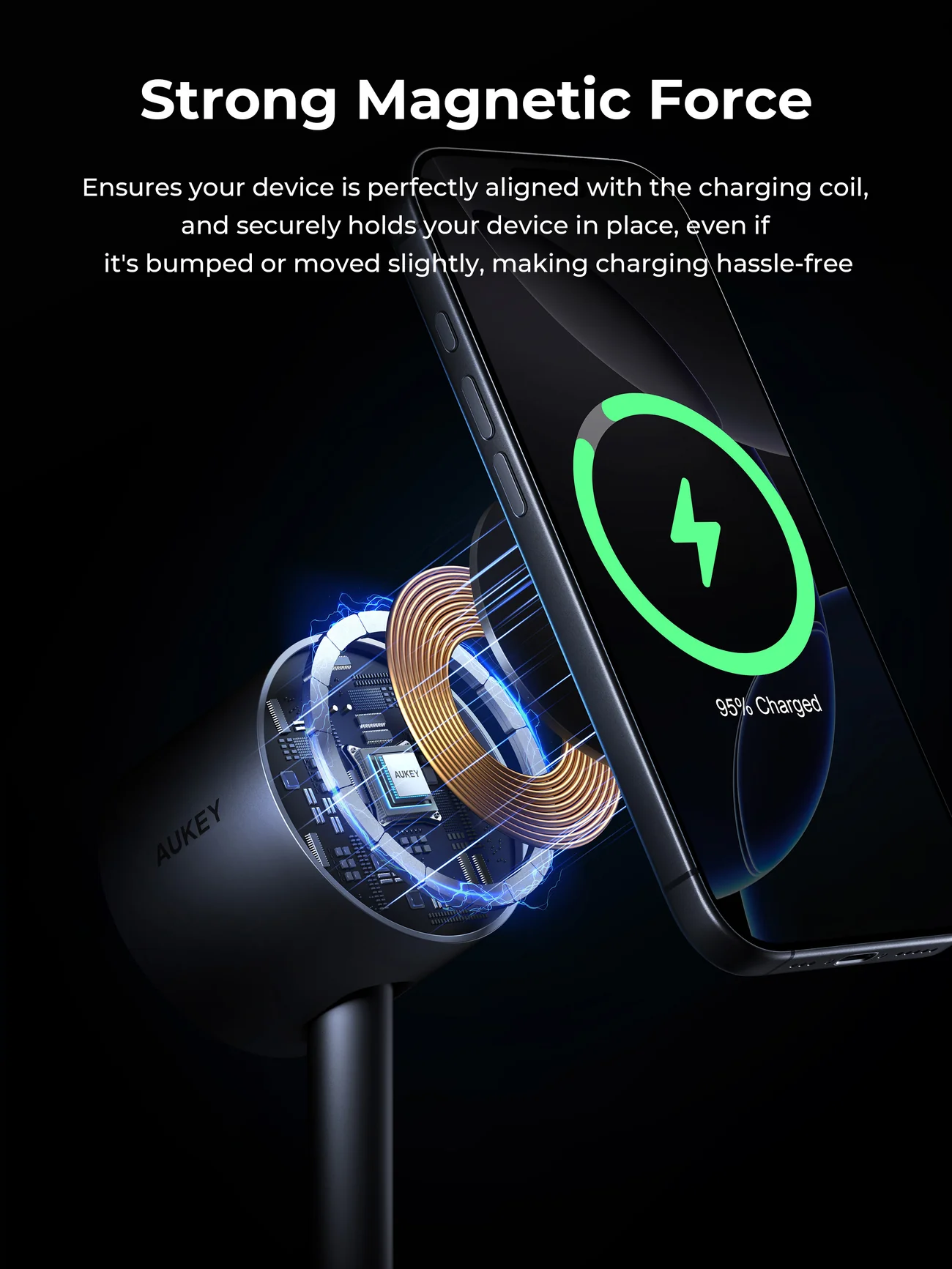 Un teléfono que se carga de forma inalámbrica. Un indicador de carga verde muestra el 95% de carga. Se ven bobinas magnéticas y un cargador AUKEY.