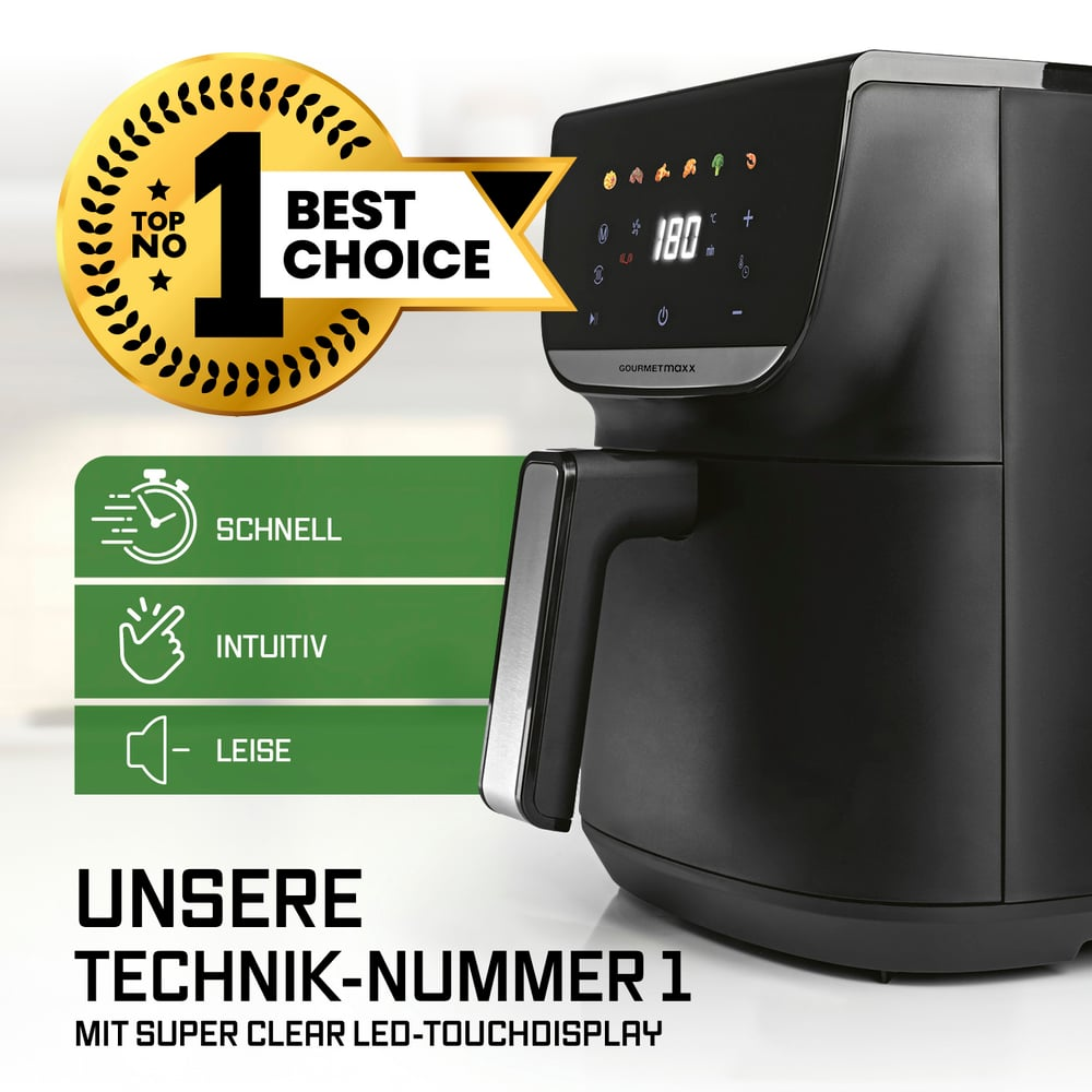 Schwarze Heißluftfritteuse mit Digitalanzeige. Zeigt das Etikett 'Best Choice'. Text enthält 'Schnell', 'Intuitiv', 'Leise' und 'Technik-Nummer 1'.