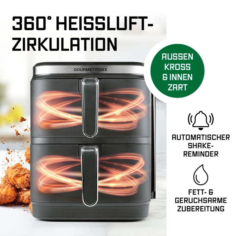 Schwarze Heißluftfritteuse mit Griff, Text: 360° Luftzirkulation, außen knusprig, innen zart. Icons für Schüttelerinnerung und fettarmes Kochen.