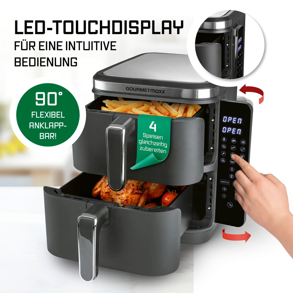 Eine Heißluftfritteuse mit zwei Fächern, eines mit Pommes, das andere mit Hähnchen. Eine Hand berührt das Bedienfeld. Text: LED-TOUCHDISPLAY.