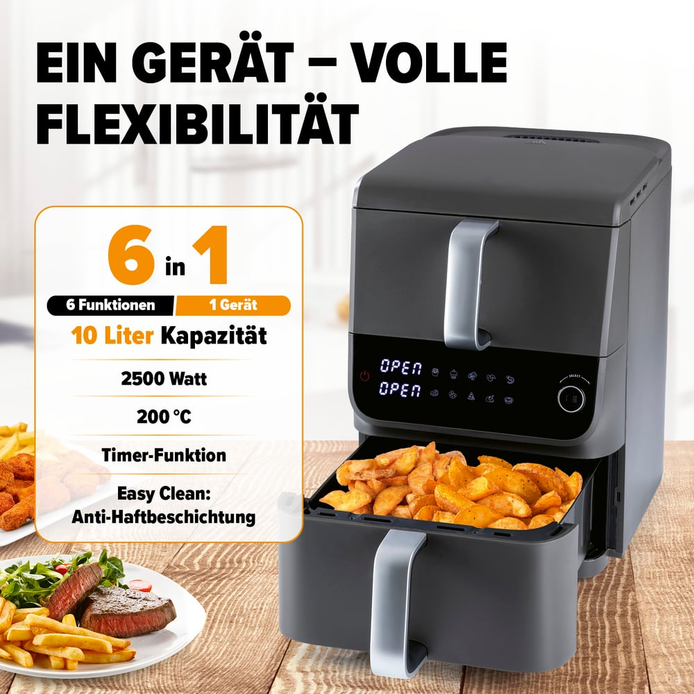 Eine Heißluftfritteuse mit Pommes Frites. Text: 6 in 1, 10 Liter Kapazität, 2500 Watt, 200 °C, Timer-Funktion und Easy Clean.