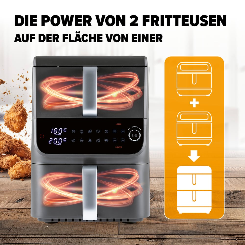 Ein Airfryer mit zwei Fächern wird gezeigt. Text sagt: 'Die Power von 2 Fritteusen auf der Fläche von einer'.