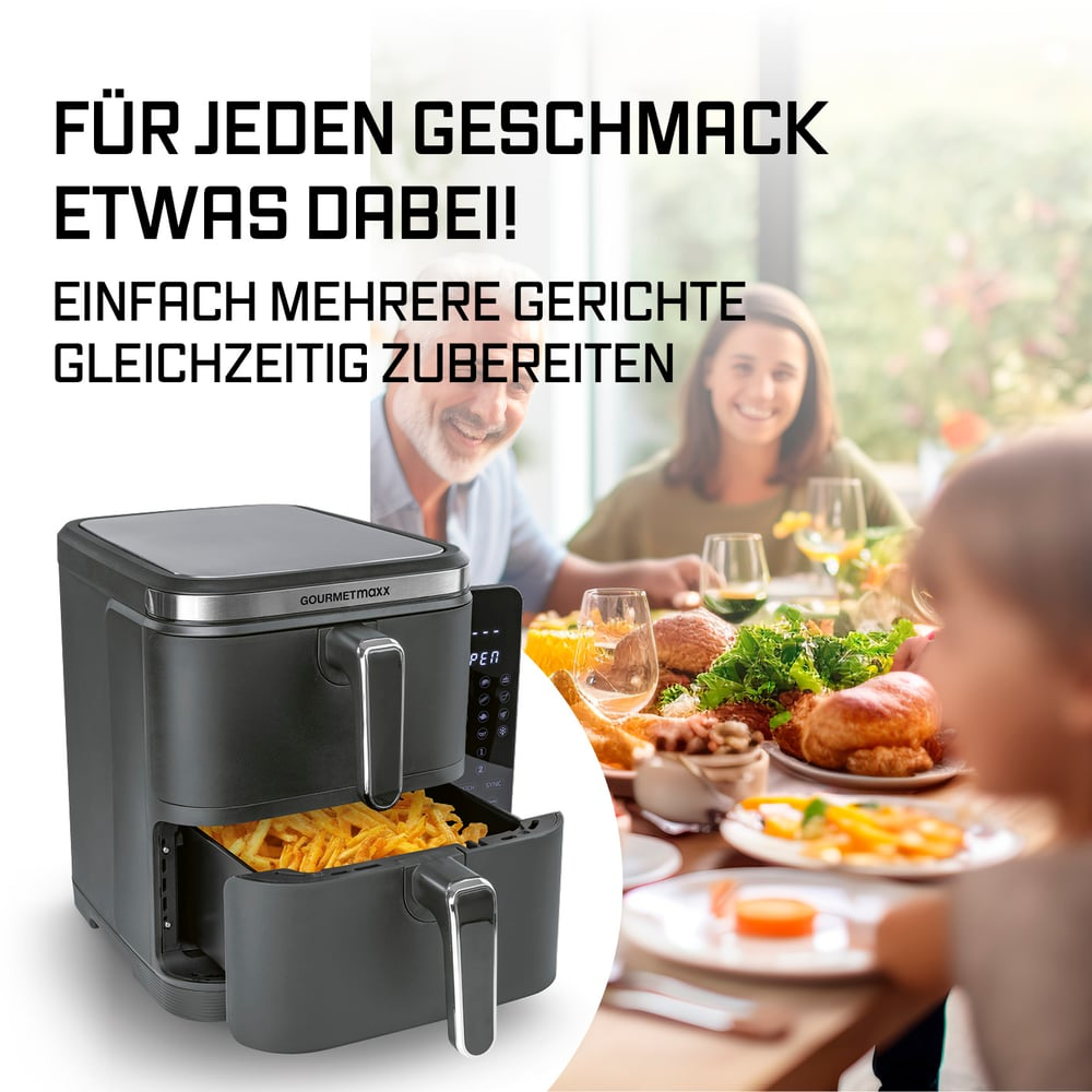 Ein Airfryer mit Pommes in der Schublade, eine Familie speist an einem Tisch mit Essen, Getränken und sonnigem Hintergrund.